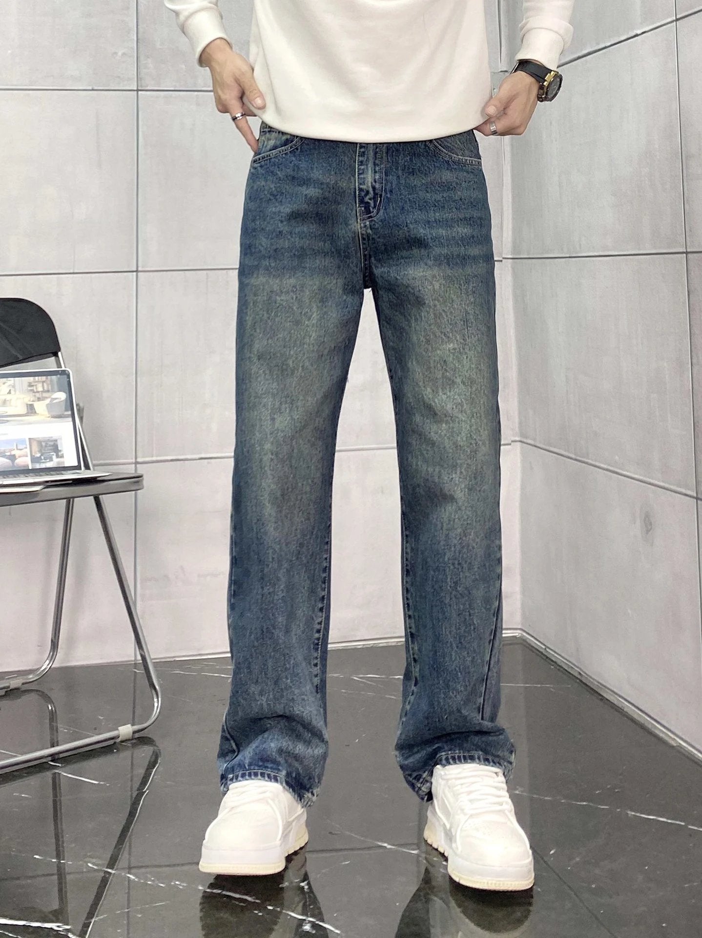 Armani Jeans Back Waist Leather Tag logo Straight Washed Blue Jeans Autumn Winter New Unisex Loose Casual Wide Leg High Waist Pants