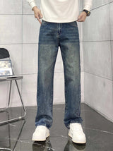 Armani Jeans Back Waist Leather Tag logo Straight Washed Blue Jeans Autumn Winter New Unisex Loose Casual Wide Leg High Waist Pants