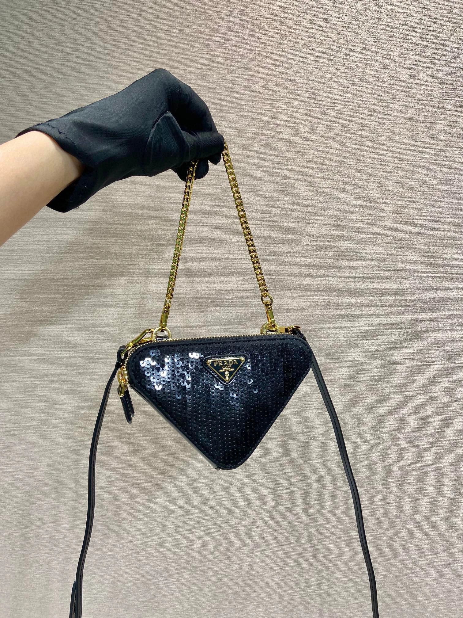 PRADA Bag Top version Version Latest Double Sequined Triangle Bag Two-in-One Chain Bag Messenger Bag Shoulder Bag Underarm Bag Handbag Women's Bag1NR015