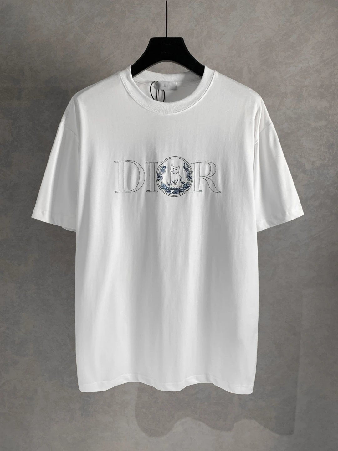 Dior T-shirt Chest Small Blue Cat Embroidery logo round Neck Short Sleeve25ss New Pure Cotton Unisex Style T Casual T-Shirt Base Layer Shirt OS Loose Fit Half Sleeve Top Plus Size