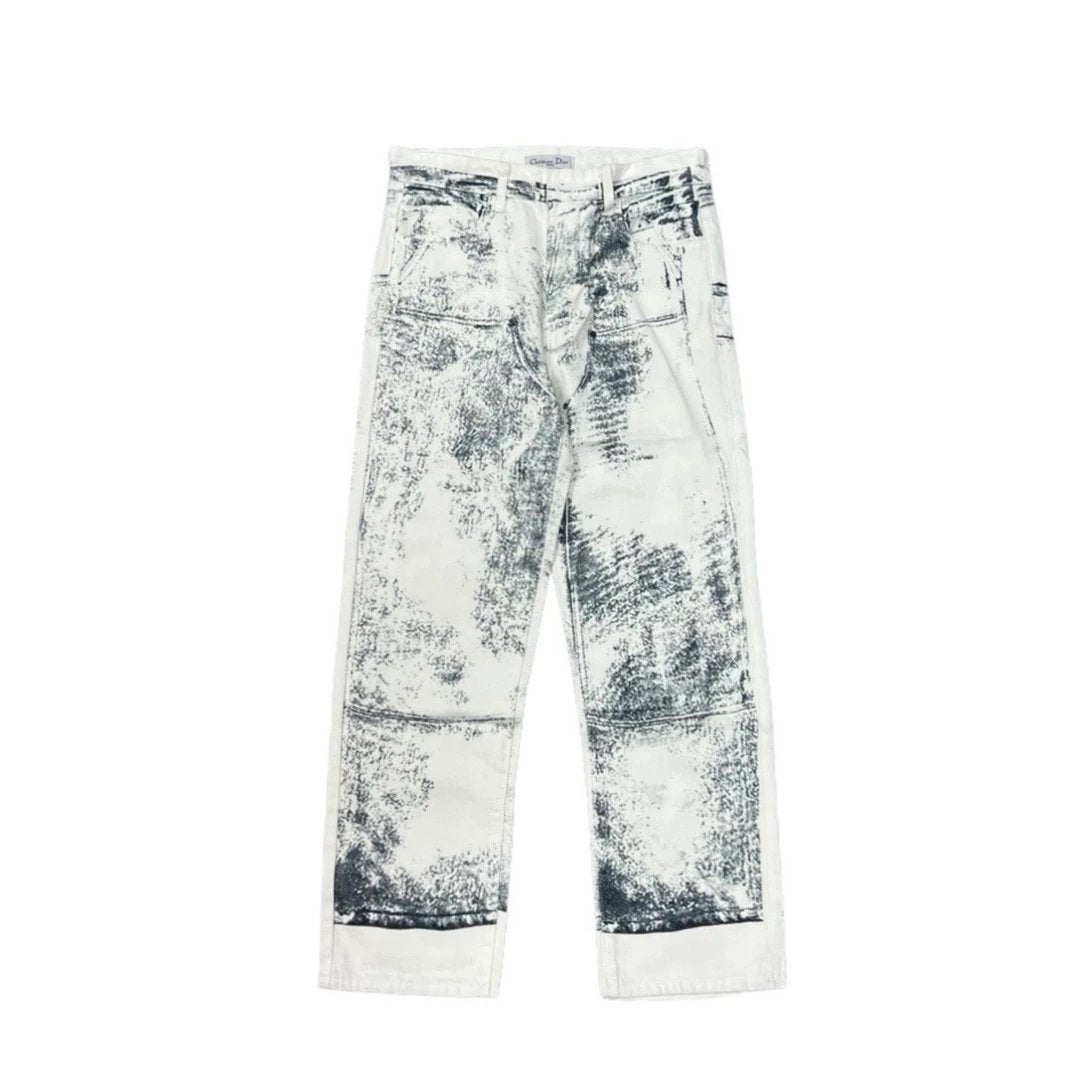 Dior Jeans Full-body Ink Sketch Print logo25ss Spring Summer New Straight Slim Fit Jeans Unisex Loose Fit Long Pants