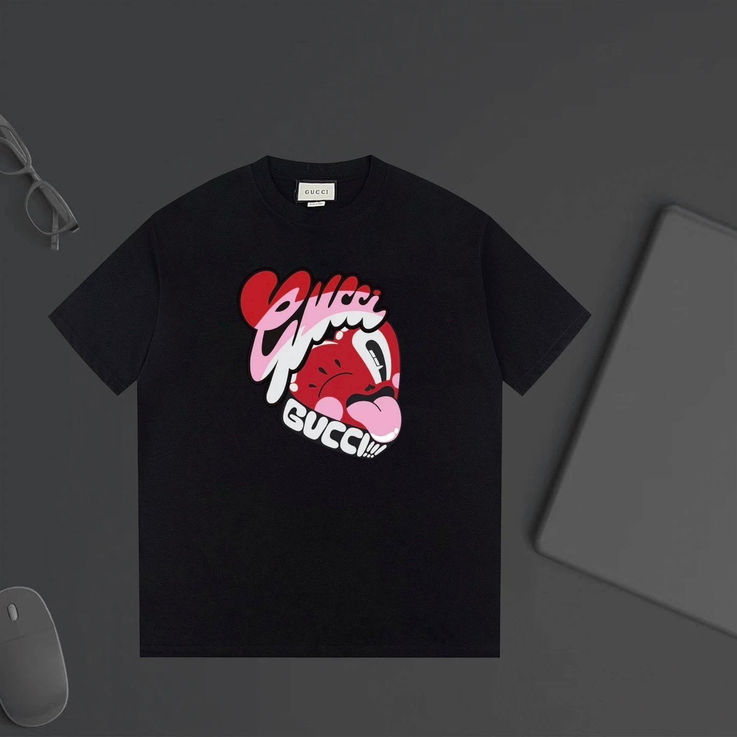 Gucci T-shirt Cartoon Letter Print on Chest logo round Neck Short Sleeve25ss New pure cotton T Unisex T-Shirt OS Drop Shoulder Loose Fit Base Shirt Top T-Shirt Short Sleeve