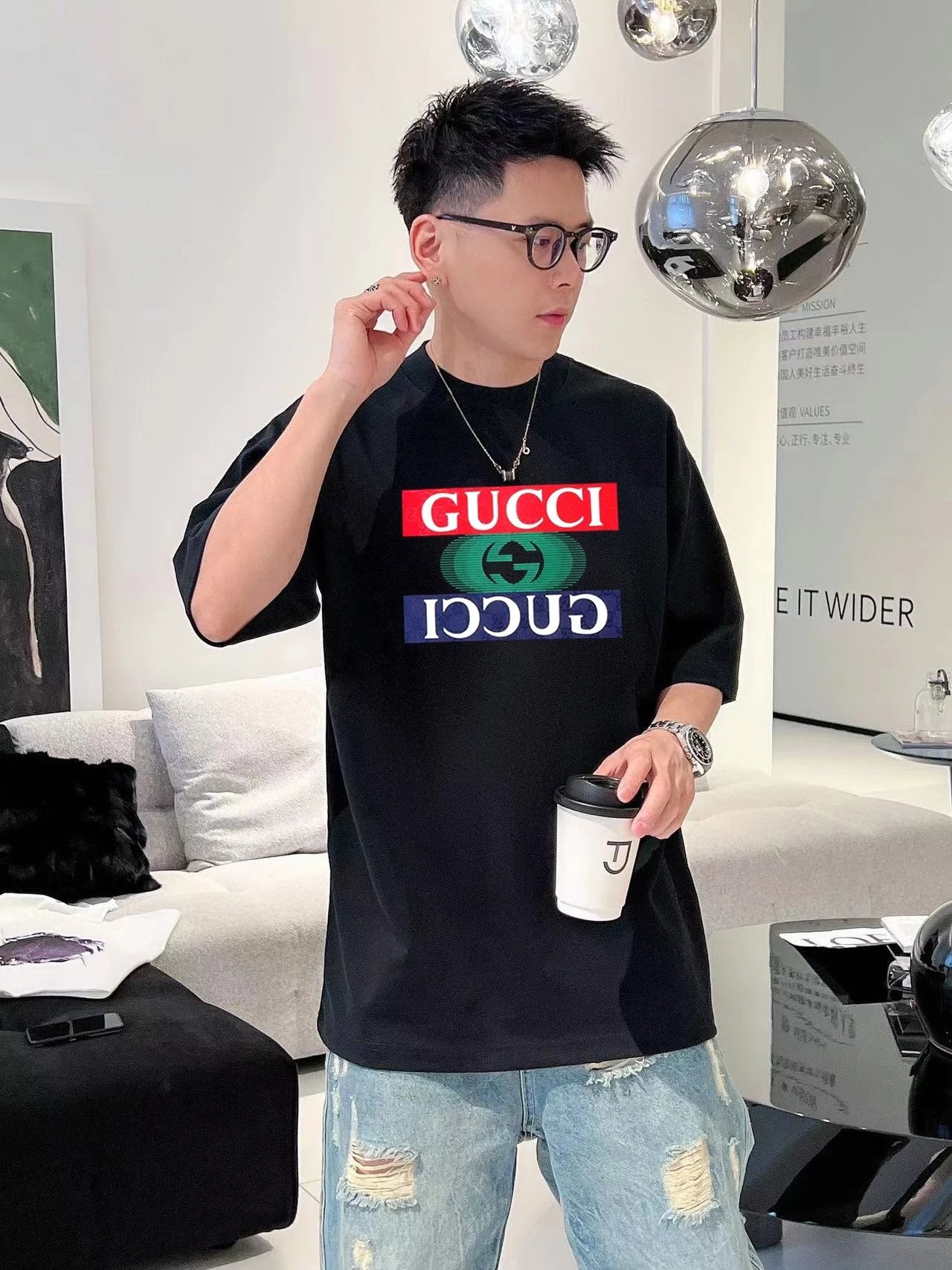 Gucci T-shirt Classic red and green G Wow Glue Thick Board Round Neck Short Sleeve25ss New pure cotton T Unisex T-Shirt OS Loose Fit Base Shirt Top Half Sleeve T-Shirt