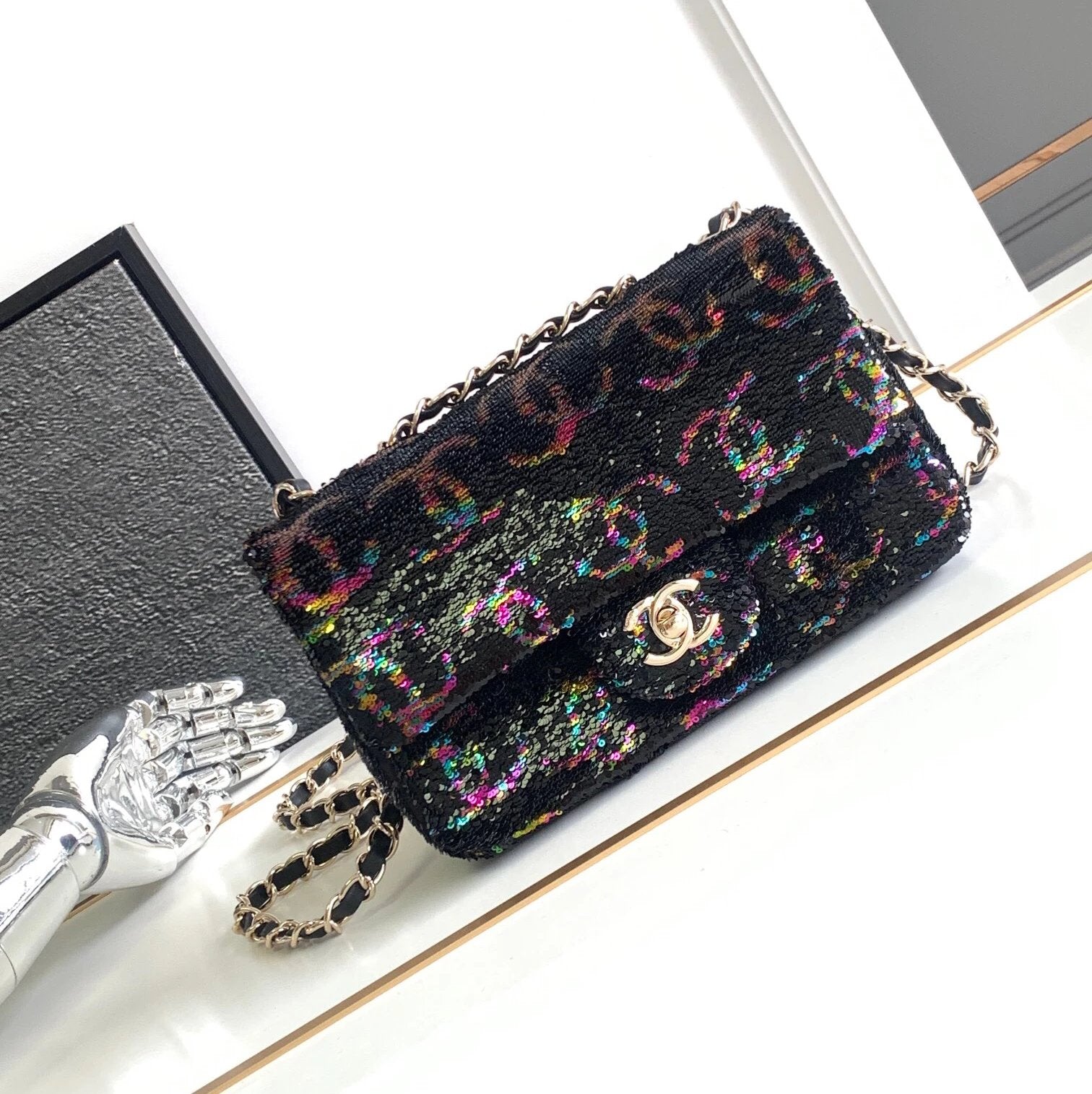 Chanel Women's Bag Top version 【Original Leather】23S Home New CF Large mini Sequin Bag Pink Sequins CF Flap bag WOC Small Waste Bag Lipstick Earphone Bag Mobile Phone Bag Ladies New Women's Bag Chain Bag Shoulder Bag24C Embroidered sequins CF Dinner Bag