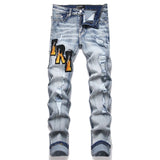 Amiri Jeans New Foreign Trade Style Fashion Blue with Holes Paste Cloth Embroidery Elastic Mid-Waist Feet Men's Jeans