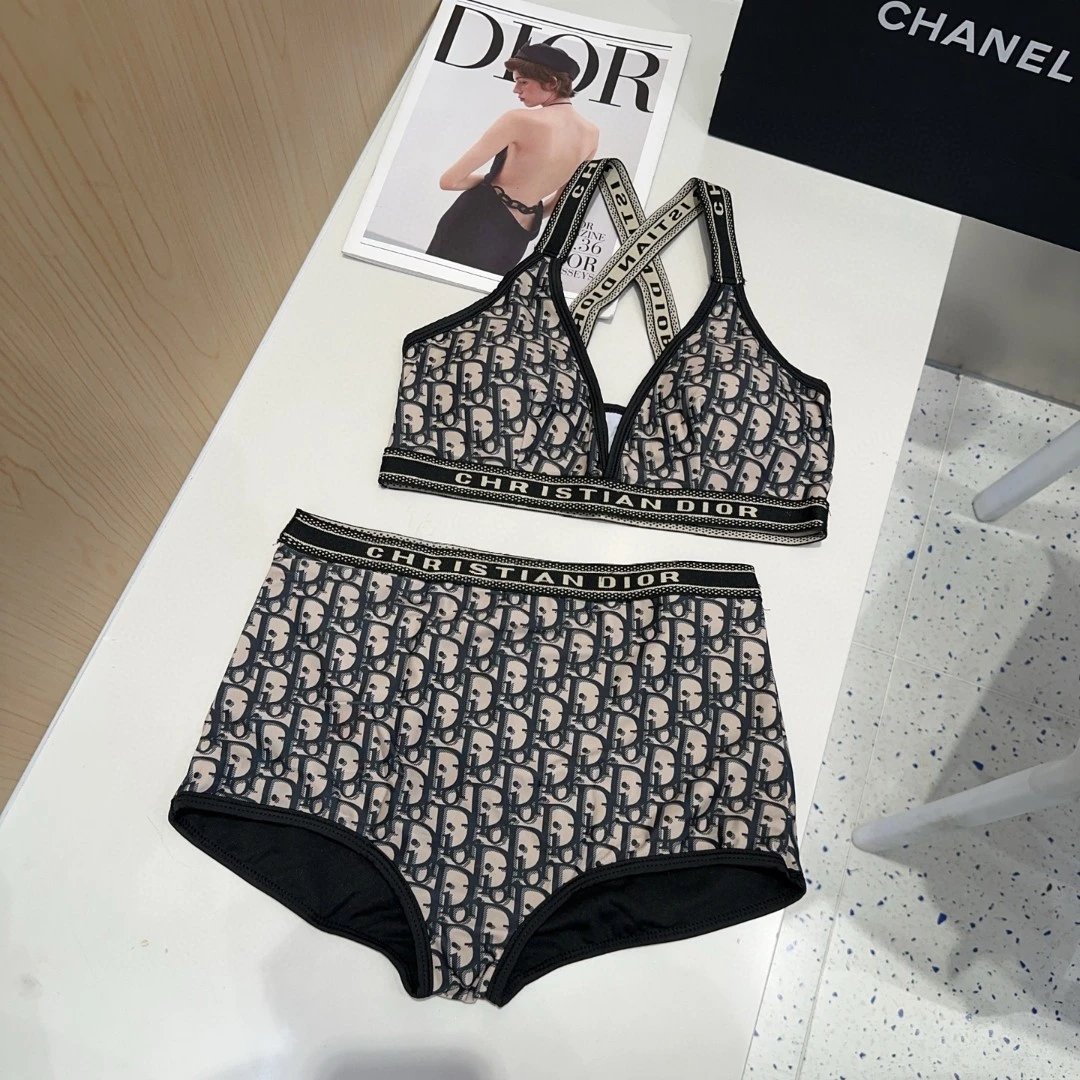 Dior Swimsuit Full-Length Letter Print Bikini Two-Piece Swimsuit Sexy Small Chest Gathered Beach Pool Vacation Hot Spring Backless White Women's Swimwear