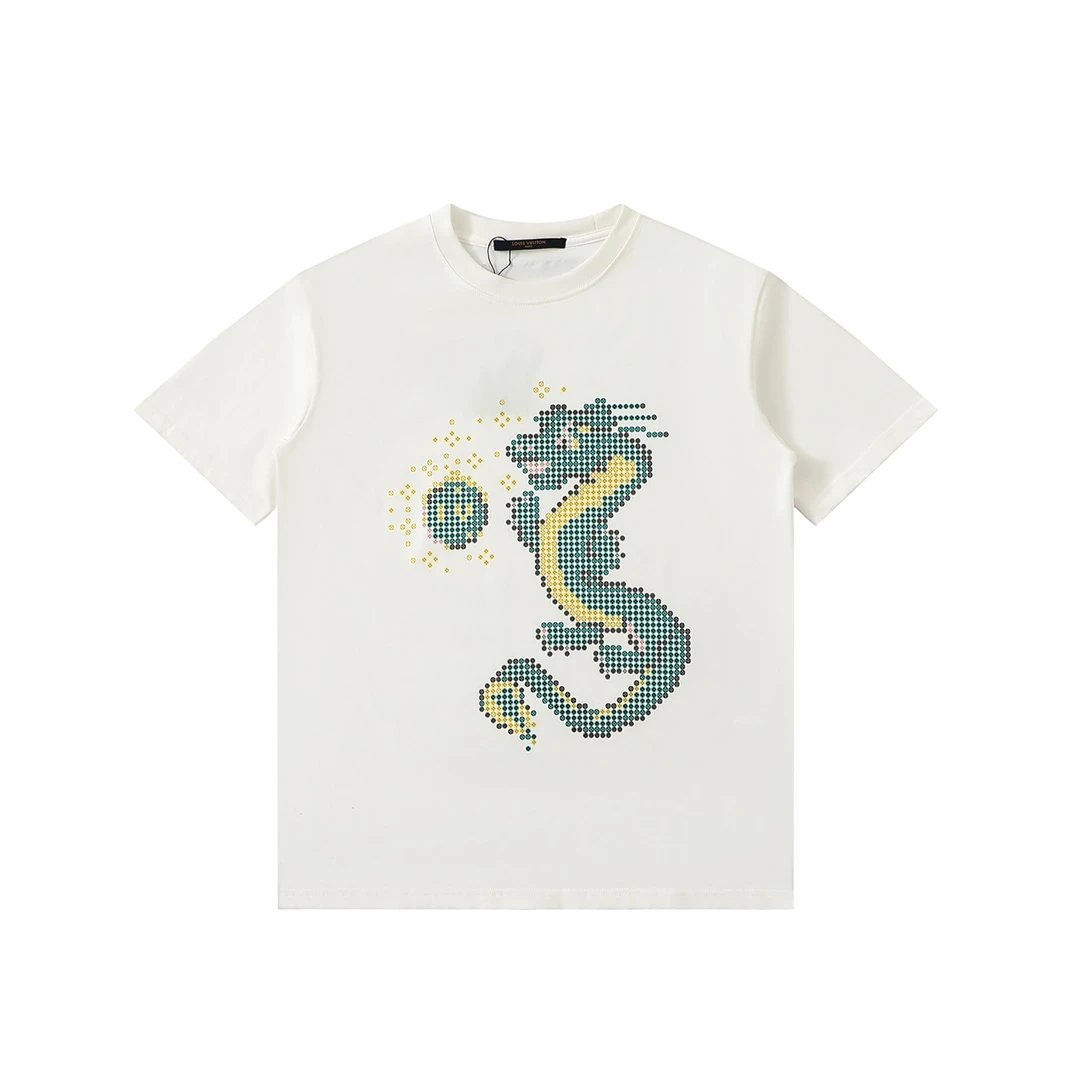 Louis Vuitton LV T-shirt Cartoon Dragon Pixel Print on the Chest logo round Neck Short Sleeve25ss New Pure Cotton Unisex Style T T-shirt OS Loose Fit Base Shirt Top Half Sleeve T-Shirt