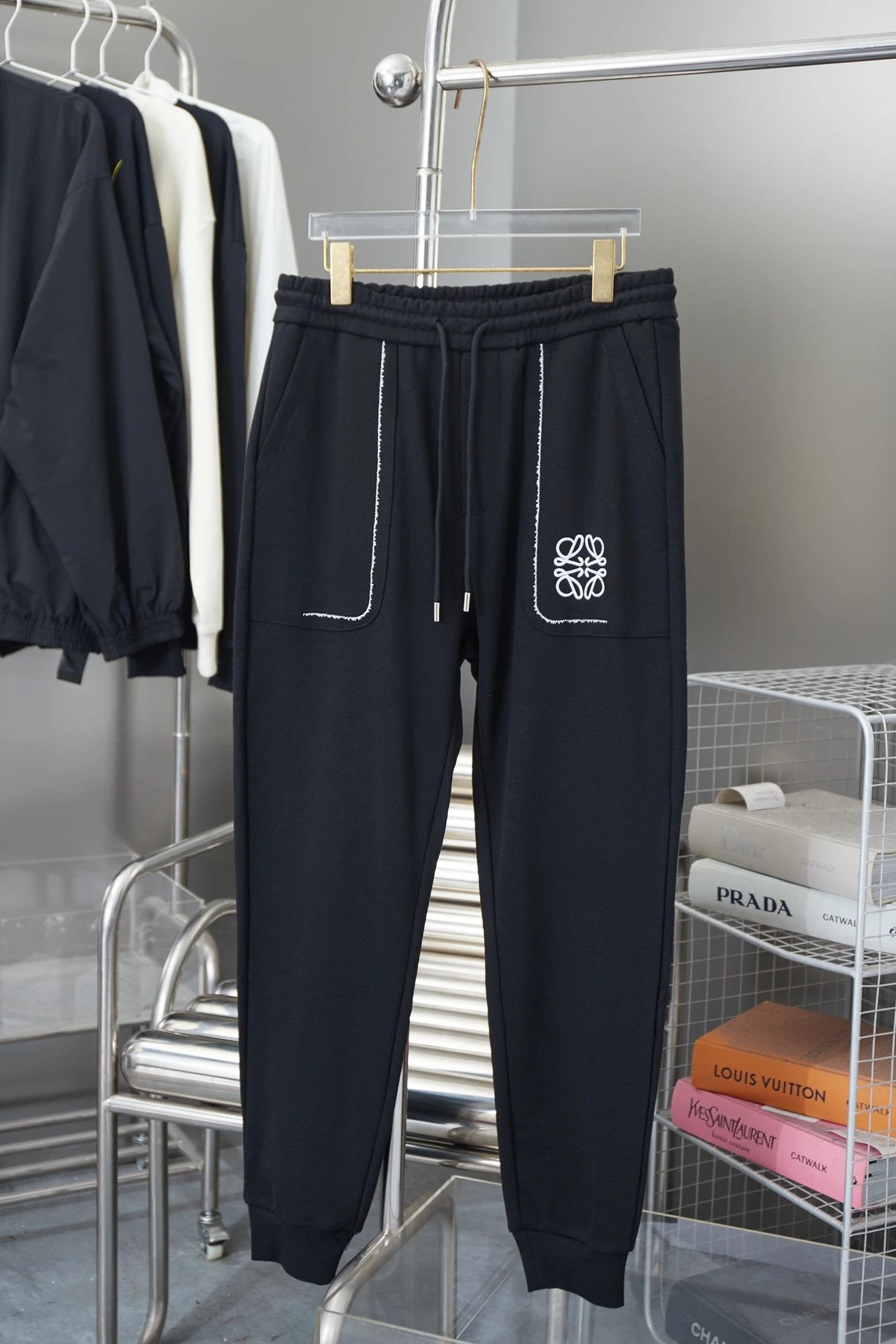 LOEWE Sweatpants Pocket Embroidery logo Drawstring Jogger Sweatpants for Men and Women, Autumn and Winter Loose Fit, High Waist, Color Block, Plus Size, Casual Pants