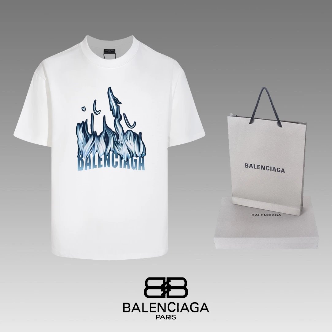 Balenciaga T-shirt Flame Letter Pattern Print on the Chest logo round Neck Short Sleeve25ss New pure cotton T Unisex T-Shirt OS Loose Fit Base Shirt Top Half Sleeve T-Shirt