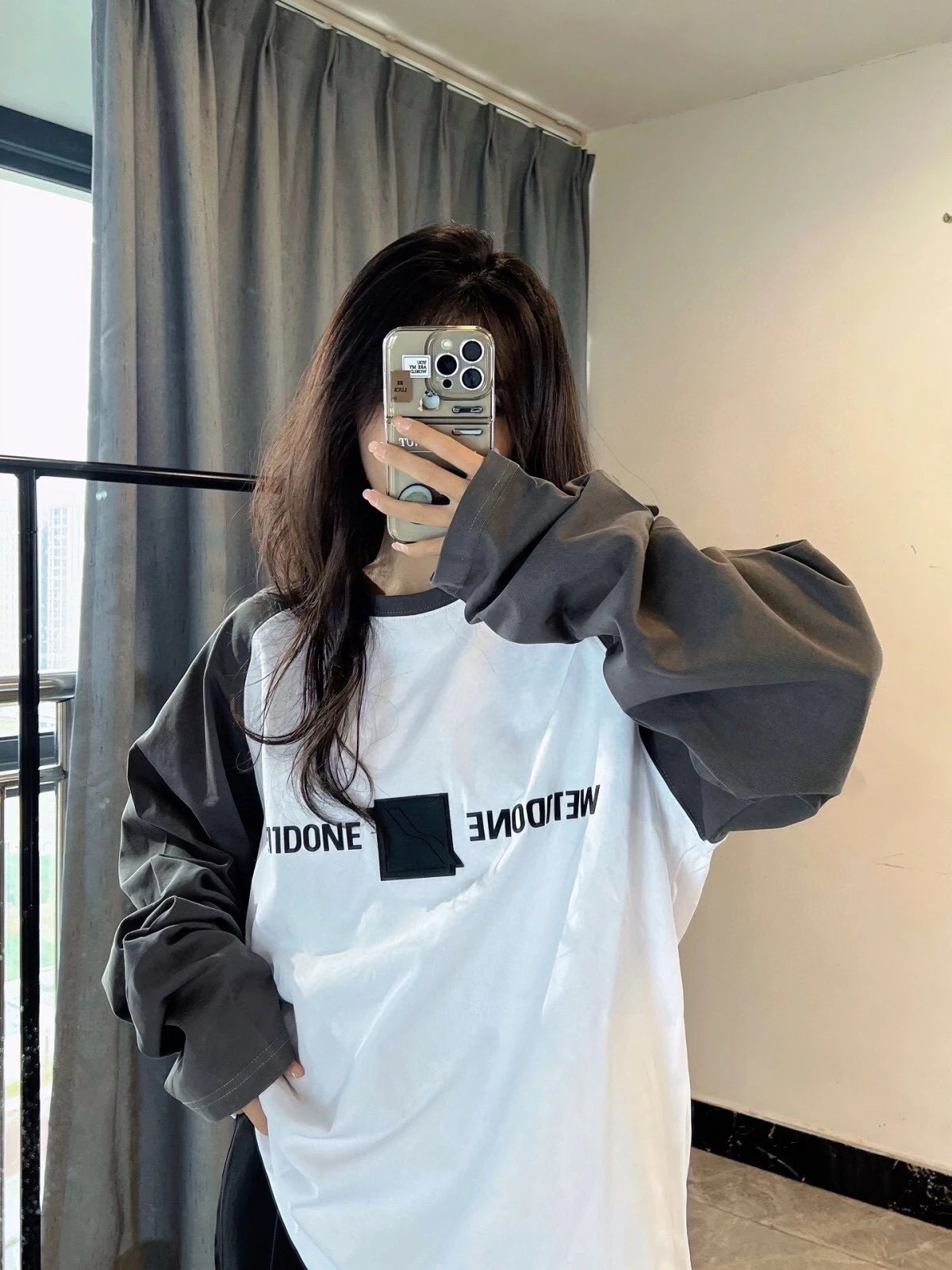 We11done Hoodie Top Version Color-Block Raglan Sleeves Letter Long Sleeve T Women's T-shirt Autumn and Winter