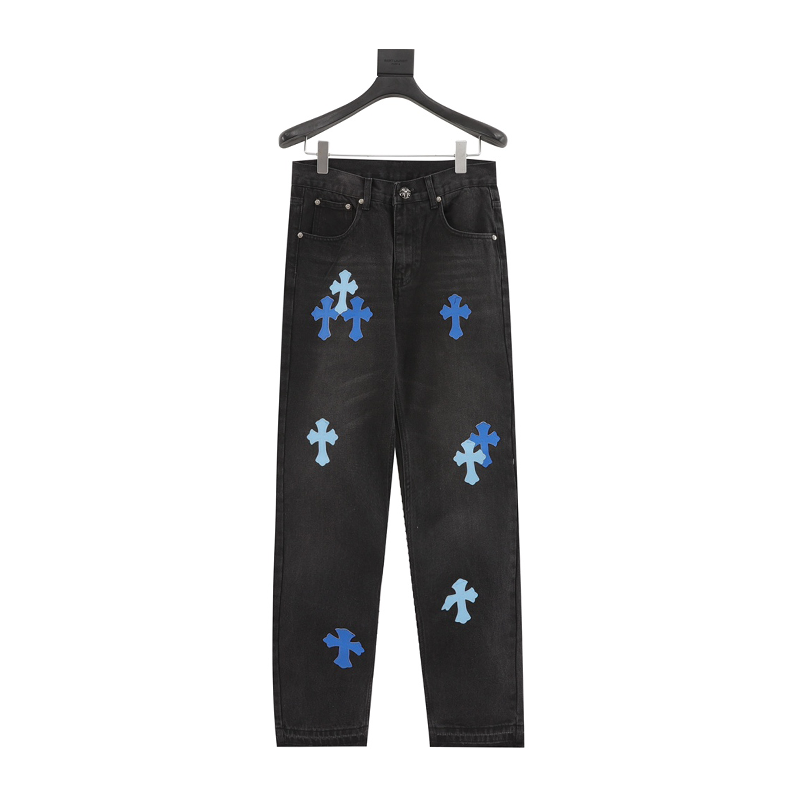 Chrome Hearts Jeans Classic Leather Tag shi Word Rack Denim Trousers for Men and Women