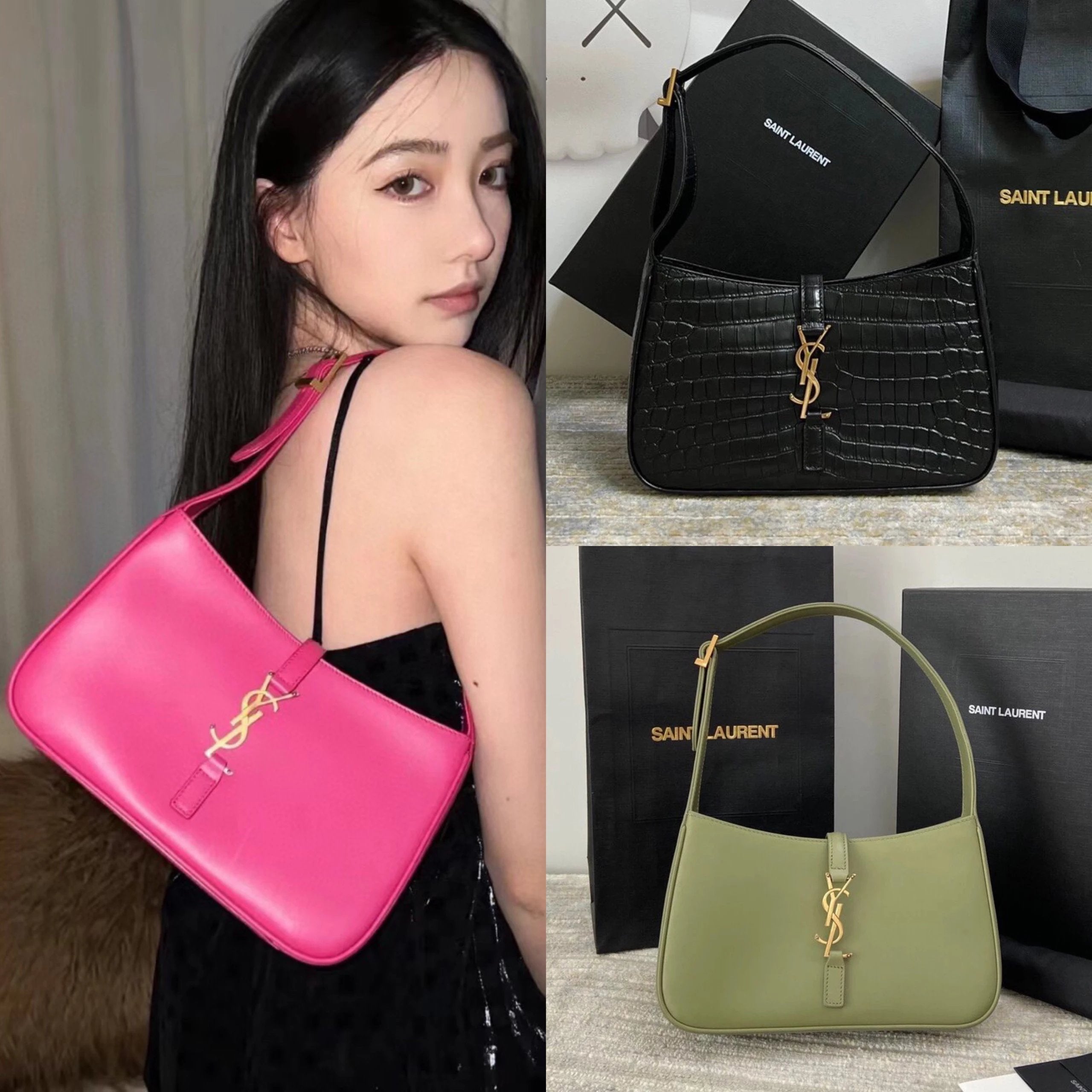 YSL Women's Bag Top version 【Italian Original Leather】Yang Shulin New LE5A7Underarm Bag Cowhide Plain Crocodile Pattern Underarm Saddle Bag Plug-in Bag Buckle Handbag Shoulder Bag Women's Bag Women's Bag657228710310