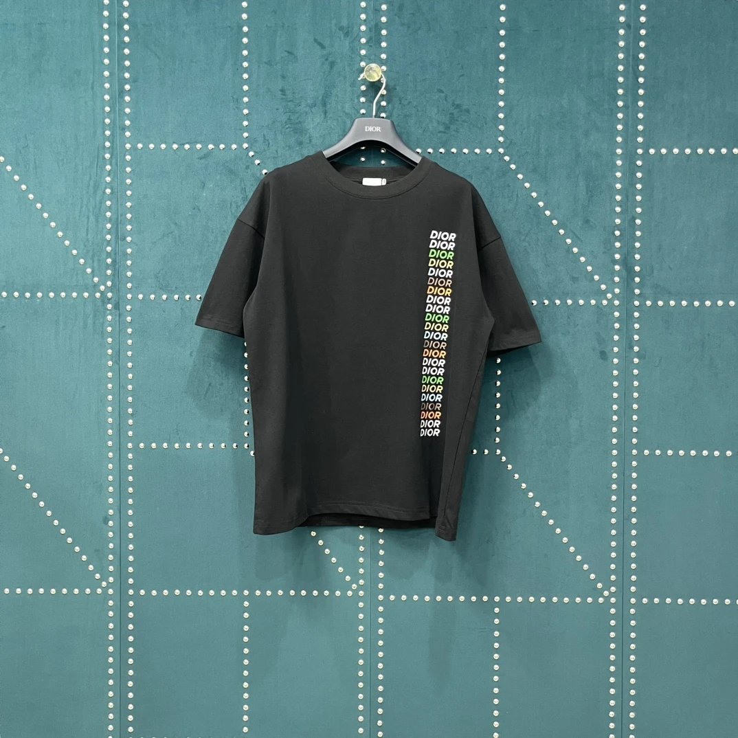 Dior T-shirt Rainbow Diagonal Letter Print on the Chest logo round Neck Short Sleeve25ss New pure cotton T Unisex T-Shirt OS Drop Shoulder Loose Fit Base Shirt Top T-Shirt Short Sleeve