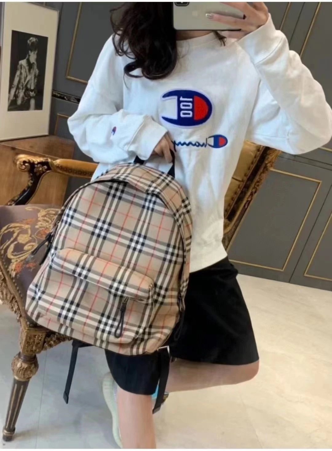 Burberry backpack Top version （Original Foreign Trade）Bag Backpack Nylon Backpack Schoolbag Men's and Women's Same Letter Jacquard Worsted Logo Babaojia Backpack Plaid Bag