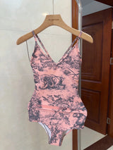 Dior Swimsuit Full Body Print Bikini Swimsuit Sexy Small Chest Gathered Beach Pool Vacation Hot Spring Backless White Women's Swimwear