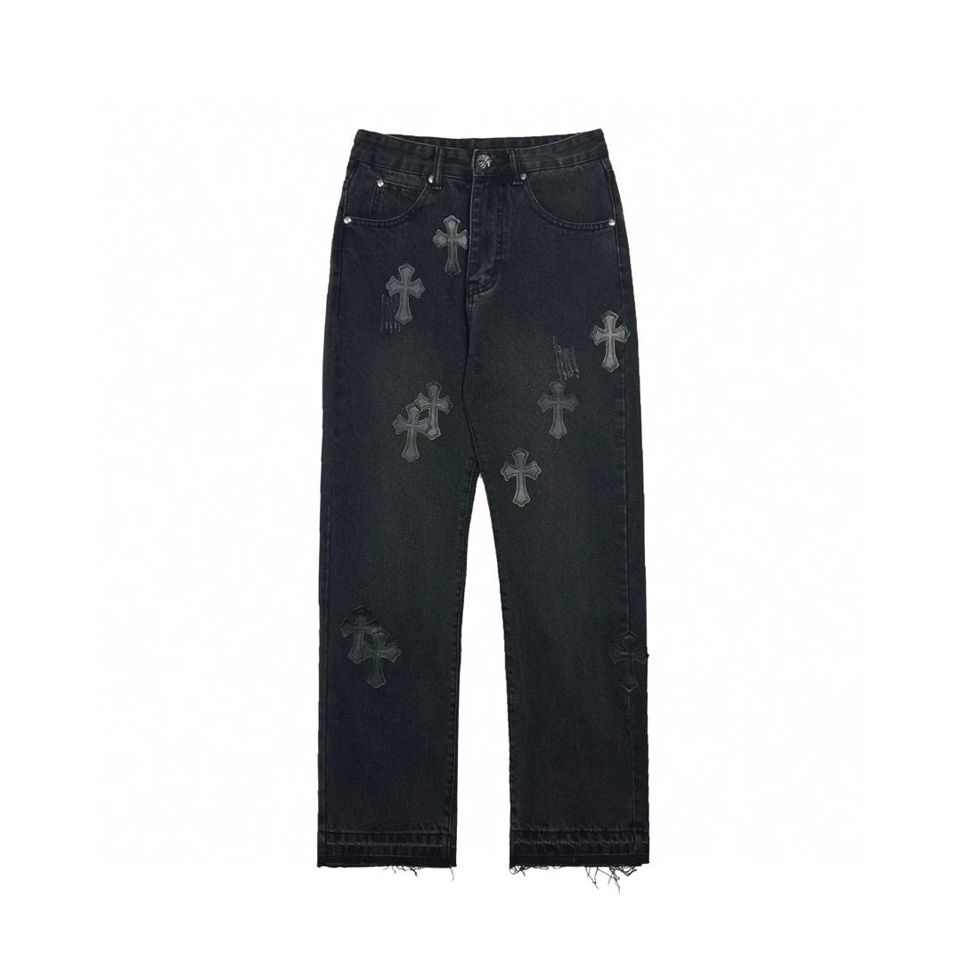 Chrome Hearts Jeans Top Version Straight Cross Jeans Women Retro Leisure Washed-out High Waist Wide Leg Pants