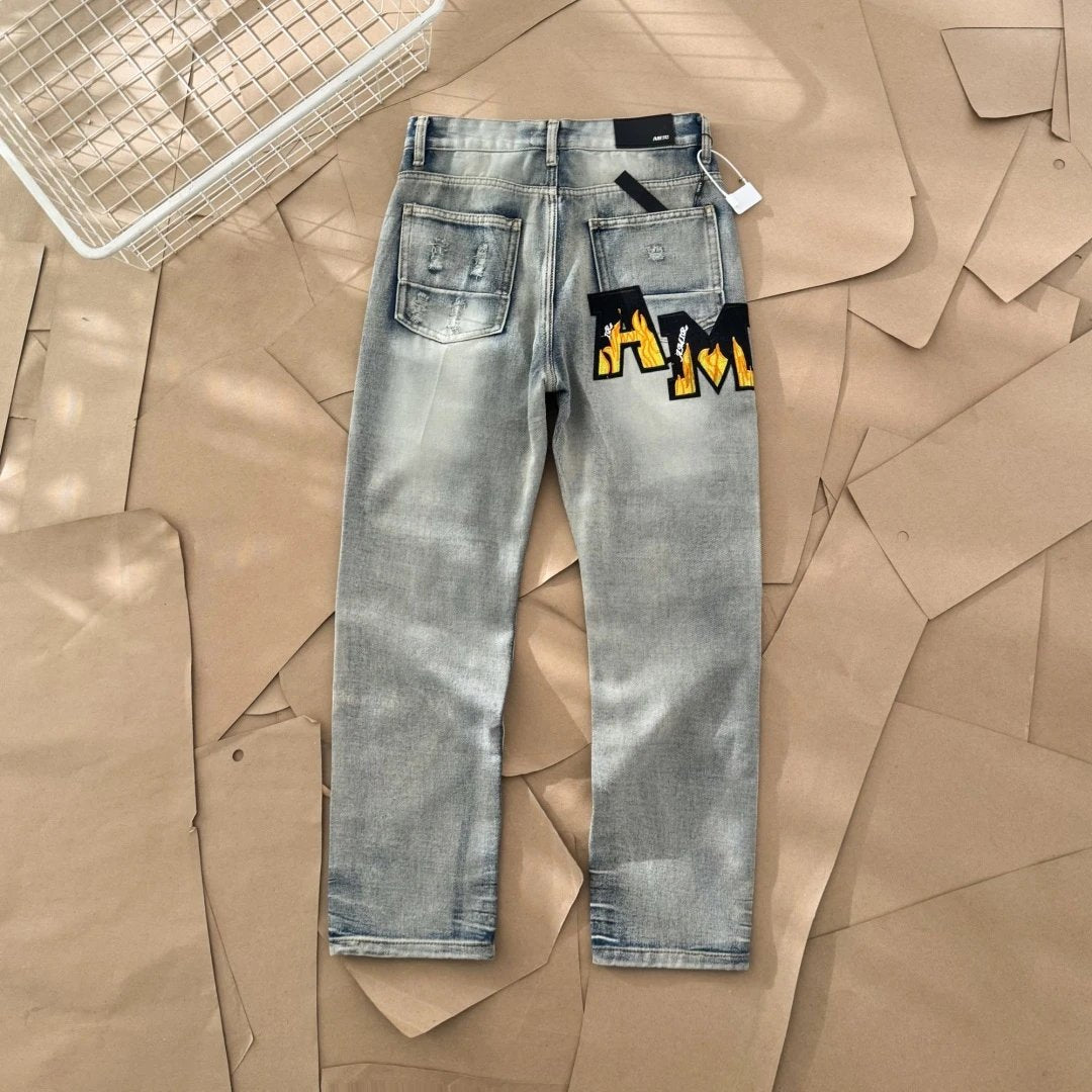 Amiri Jeans Front and Back Flame Letter Patch logo25ss Spring Summer New Straight Slim Fit Jeans Unisex Loose Fit Long Pants