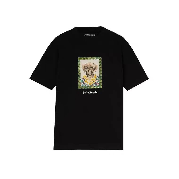 Palm Angels T-shirt Top Version Men's Black Hawaiian Dog Printed Cotton round Neck Short Sleeve T T-shirt