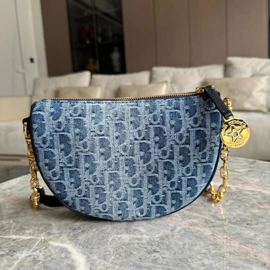 Dior Women's Bag Top version 【Runda Leather Goods】Popular Gradient Denim Blue StarCallistohobo Women's Chain Handbag S3206Denim Saddle Bag Underarm Shoulder Bag Oblique Denim Small round Biscuit Hobos Hand Holding Tote Women's Bag