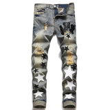 Amiri Jeans New Foreign Trade Style Fashion Blue with Holes Paste Cloth Embroidery Elastic Mid-Waist Feet Men's Jeans