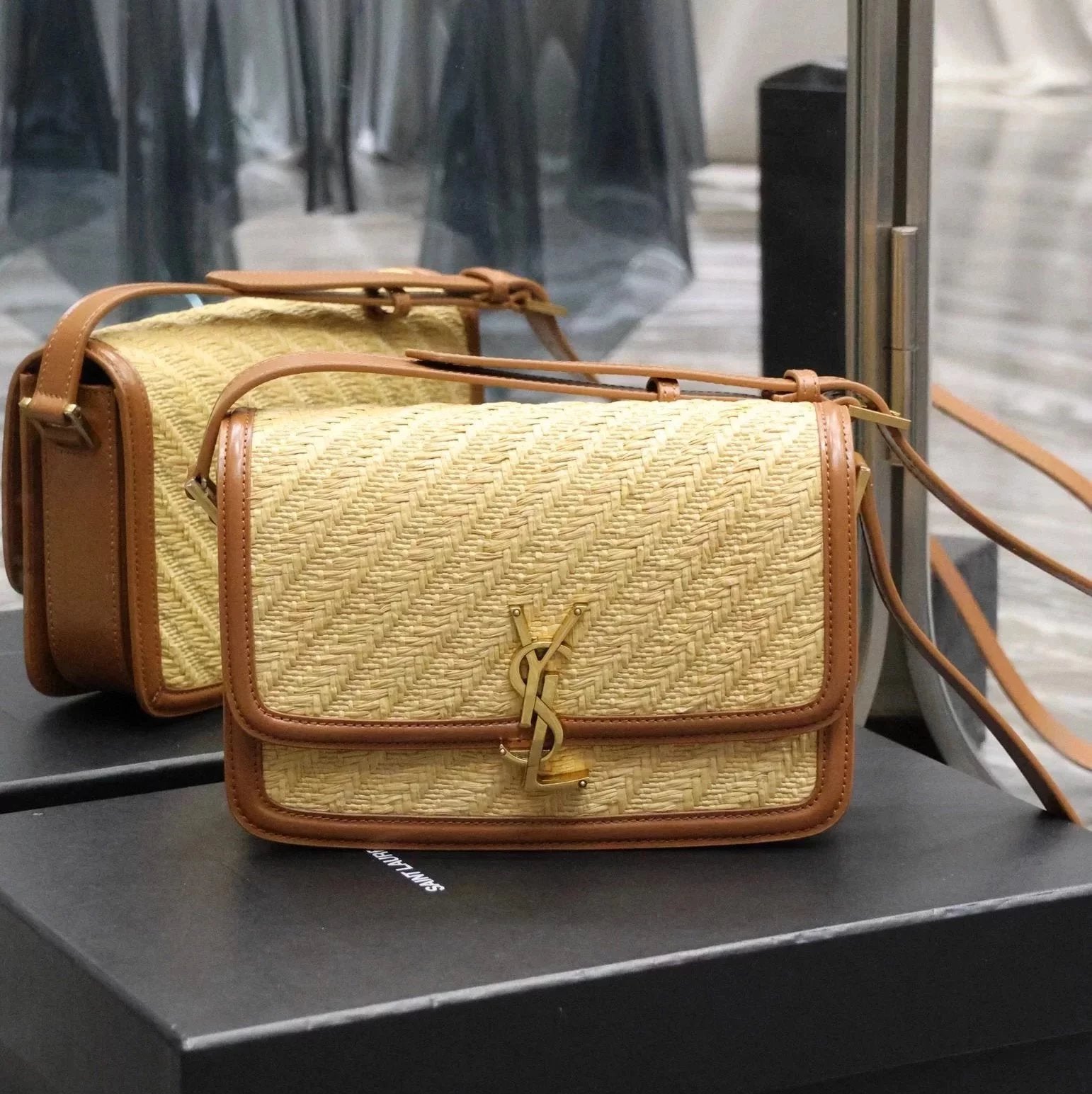 YSL Women's Bag Top version 【Super Quality】2023New woven bag Solferinobox_Apricot Bamboo Woven with Cowhide Gold Buckle Hollow Design Bamboo Woven Bag Raffia Series New Woven Square Bag Flap Messenger Bag Summer New Women's Bag