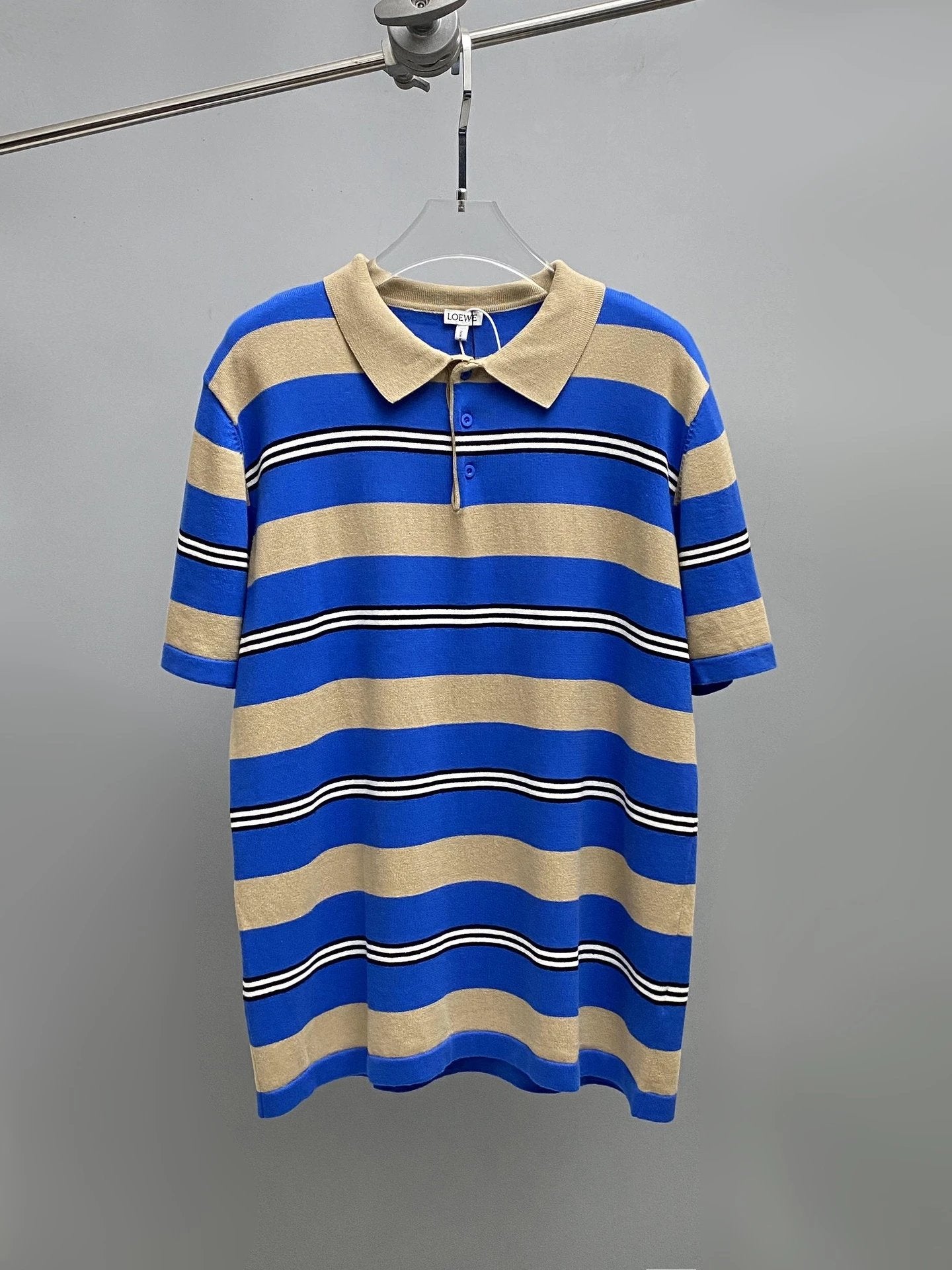 LOEWE Sweater Summer Vacation Series Striped Knit Sweater POLO Shirt Lapel Short Sleeve25ss New Unisex Summer Short Sleeve OS Loose T Business Half Sleeve Shirt Plus Size T-Shirt