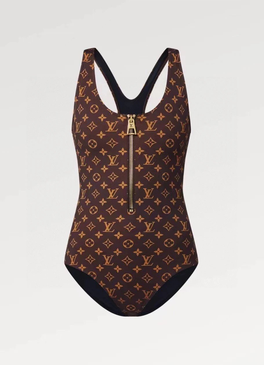 Louis Vuitton LV Swimsuit Old Flower Zipper One-Piece Bikini Swimsuit Sexy Small Chest Gathered Beach Pool Backless White Women's Swimwear Vacation Hot Spring