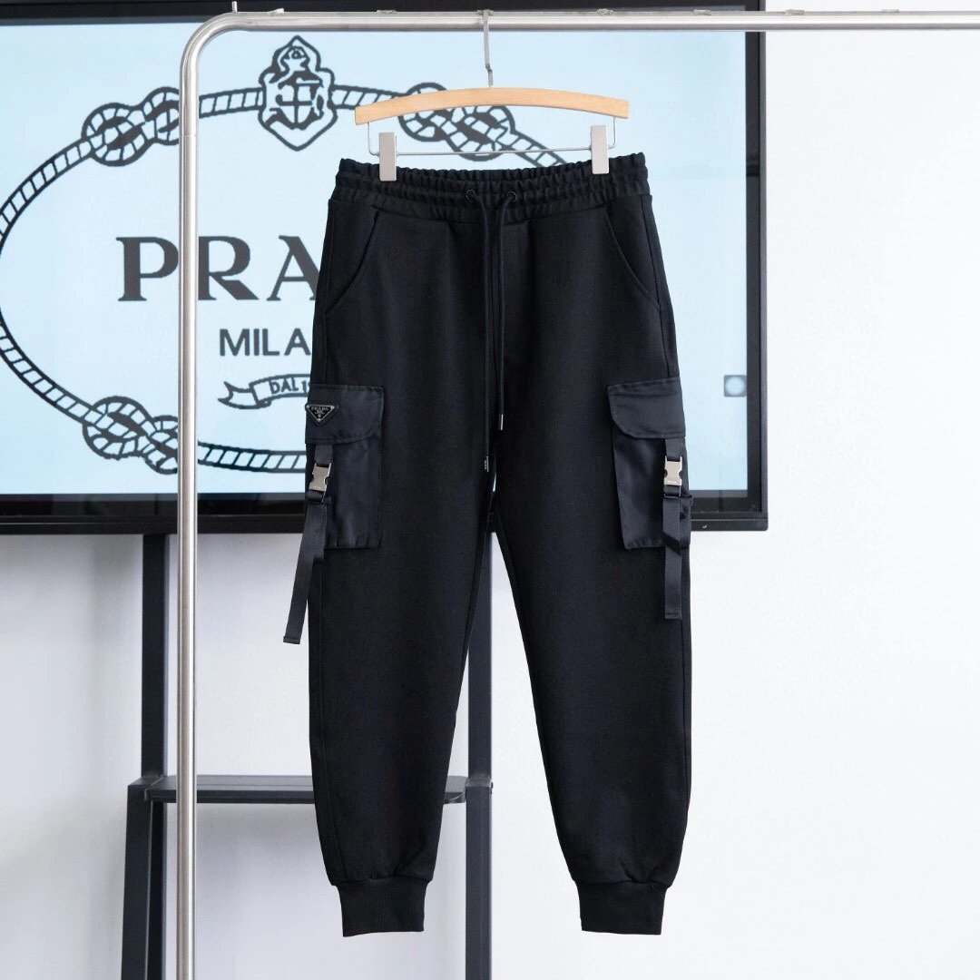 PRADA Sweatpants Metal Triangle Logo Double-Sided Pocket Jogger Sweatpants Unisex Autumn Winter Loose Fit Large Size Casual Pants High Waist Color Block