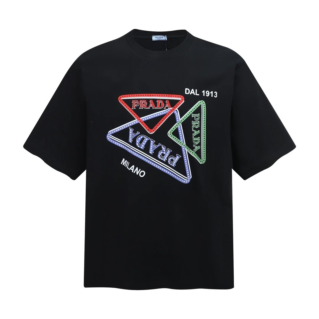 PRADA T-shirt Chest Three-Color Triangle Logo Print logo round Neck Short Sleeve25ss New Pure Cotton Unisex Style T T-shirt OS Loose Fit Base Shirt Short Sleeve Top T-Shirt