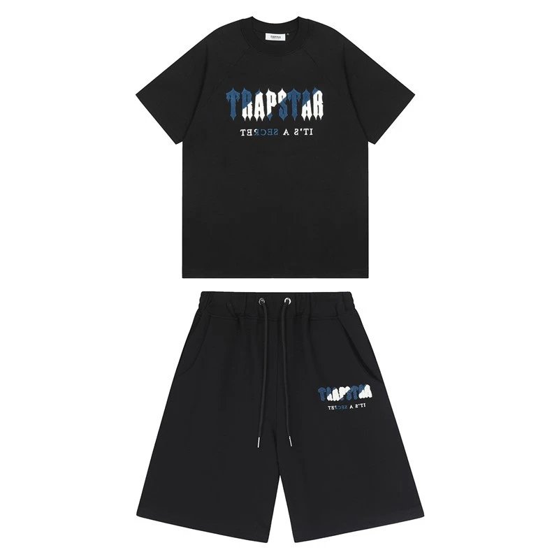 Trapstar T-shirt Summer Gradient Letters White and Blue Towel Embroidery Short Sleeve T T-shirt Shorts Men's Couple Casual Suit-CY