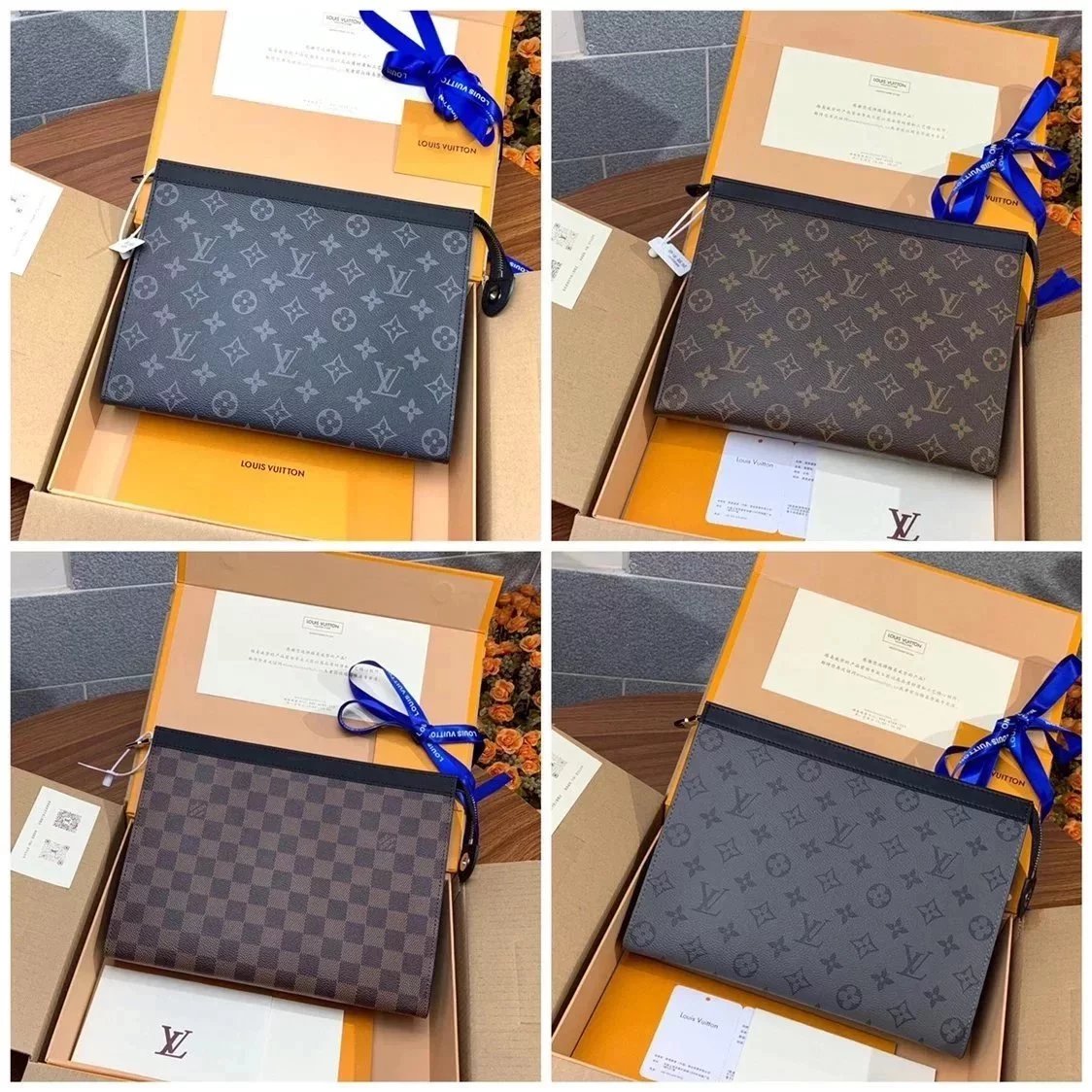 Louis Vuitton LV Wallets/Clutches Top version New upgrade version PochetteVoyage Medium Handbag Men's Clutch Clutch Bag M61692Black Flower M44466Presbyopic M41696Coffee color lattice M69535Black and Gray