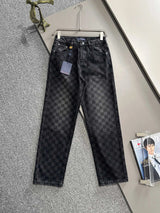 Louis Vuitton LV Jeans Checkerboard25ss Spring Summer New Straight Leg Jeans Waist Adjustable Unisex Loose Fit Long Pants