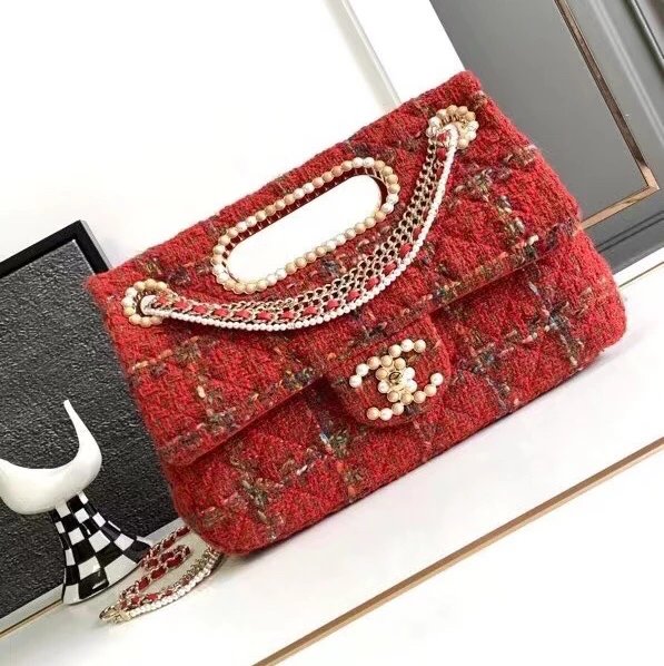 Chanel Women's Bag Top version 【High Version】CHANEL/23A High-End Handmade Workshop Green Tweed Pearl Wooden Bead Chain Bag Home New Portable Pearl Briefcase Pearl Bag Woolen Pearl Tote Clutch Dinner Bag Folding Bag