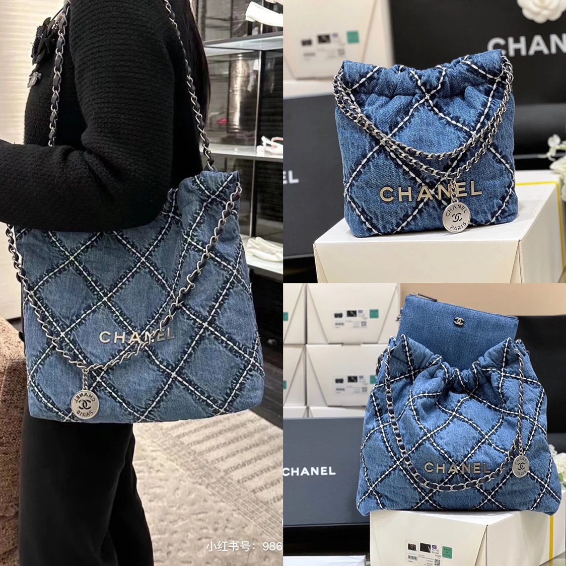 Chanel Women's Bag Top version 【Super Original Leather】New24P Denim Garbage Bag22bag Small Size Medium Denim Denim Tote Bag24p Latest22Denim Handbag Mother and Child Bag Tote Handbag22bag Mini mini Denim Denim Garbage Bag