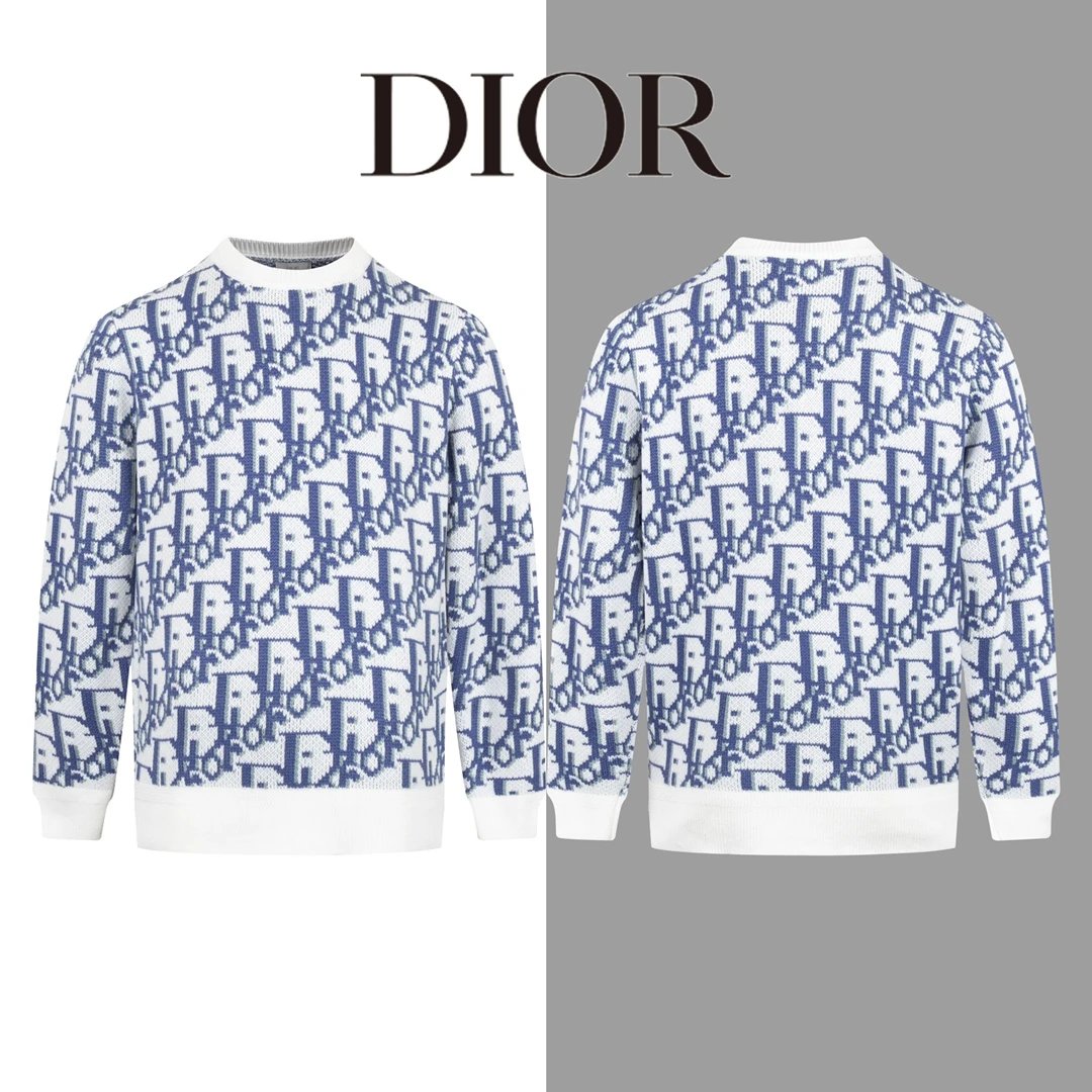 Dior Sweater Full Print Jacquard Round Neck Knit Sweater Long Sleeve Thickened Lazy Style OS Loose Fit Unisex Top Jacket Versatile Casual Wearable Inside and Outside