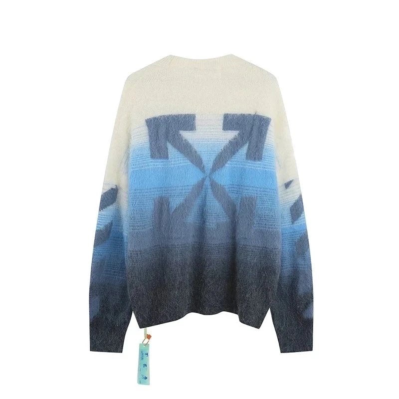 OFF-White Sweater Top Version Verified Quality Sweater Pullover Black and White Arrow Gradient Mohair Autumn and Winter Rendering Knitted Men and Women