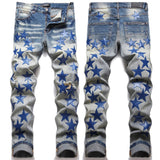 Amiri Jeans New Foreign Trade Style Fashion Blue with Holes Paste Cloth Embroidery Elastic Mid-Waist Feet Men's Jeans