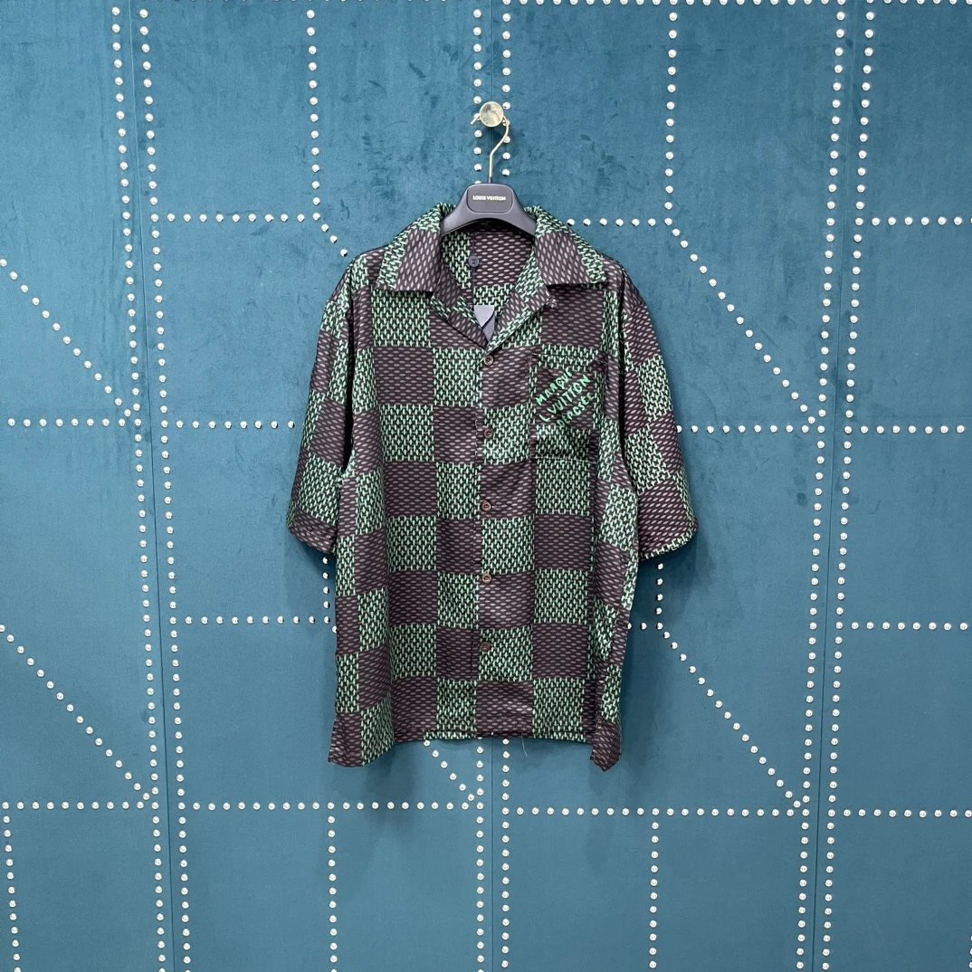 Louis Vuitton LV Shirt Full Print Large Checkerboard Pattern logo Shijia Turn-down Collar Short Sleeve Shirt Versatile Business Unisex Casual Slim Fit Jacket