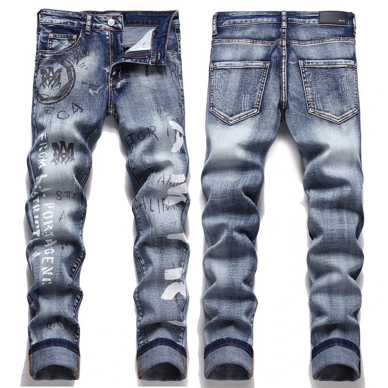 Amiri Jeans New Foreign Trade Style Fashion Blue with Holes Paste Cloth Embroidery Elastic Mid-Waist Feet Men's Jeans