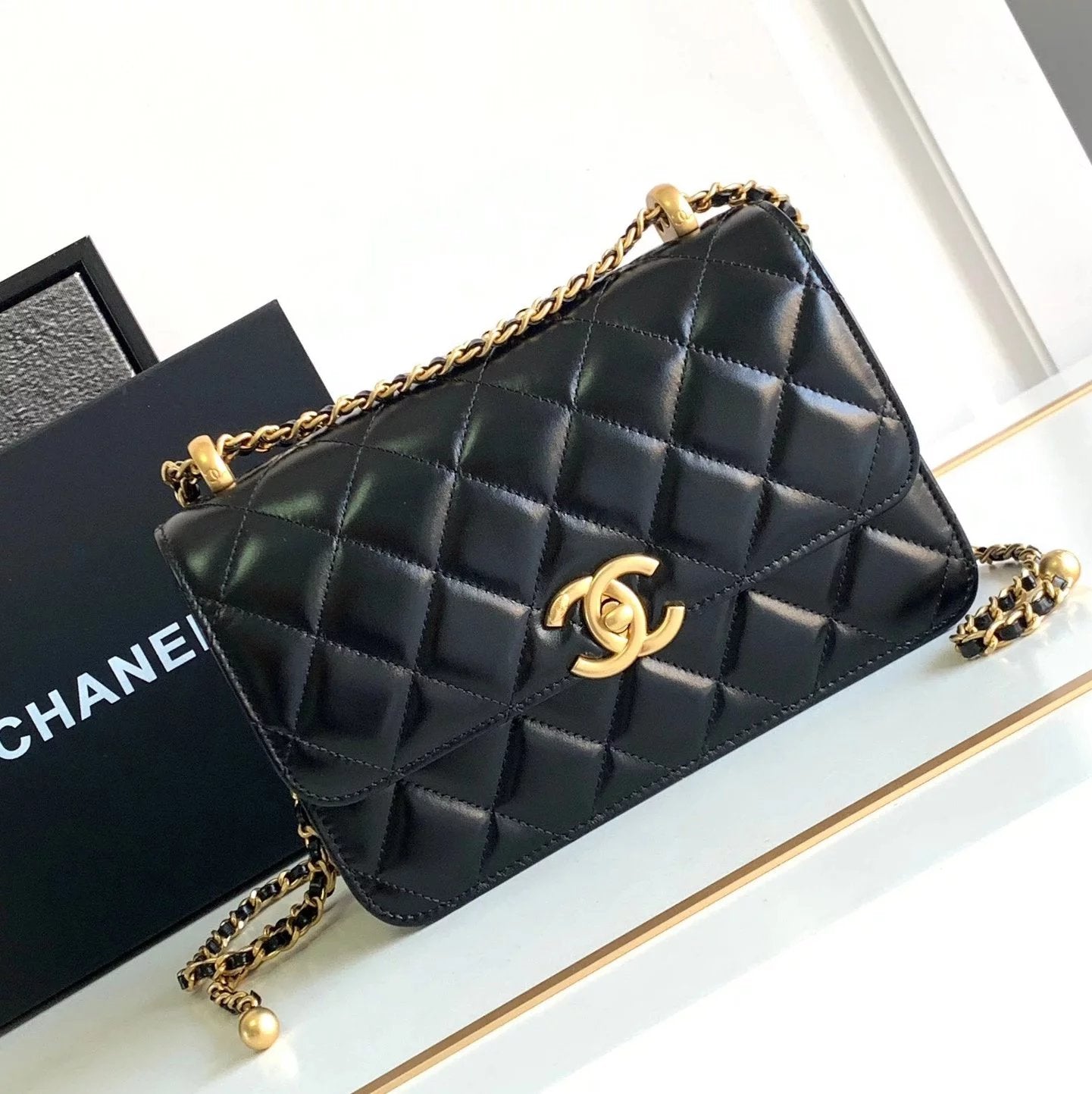 Chanel Women's Bag Top version 【**Original Leather】??????✦24C Double Golden Ball Flap Bag Double Golden Balls Chain Bag Original Factory Calf Skin Oil Wax Leather Golden Ball Square Bag2Size