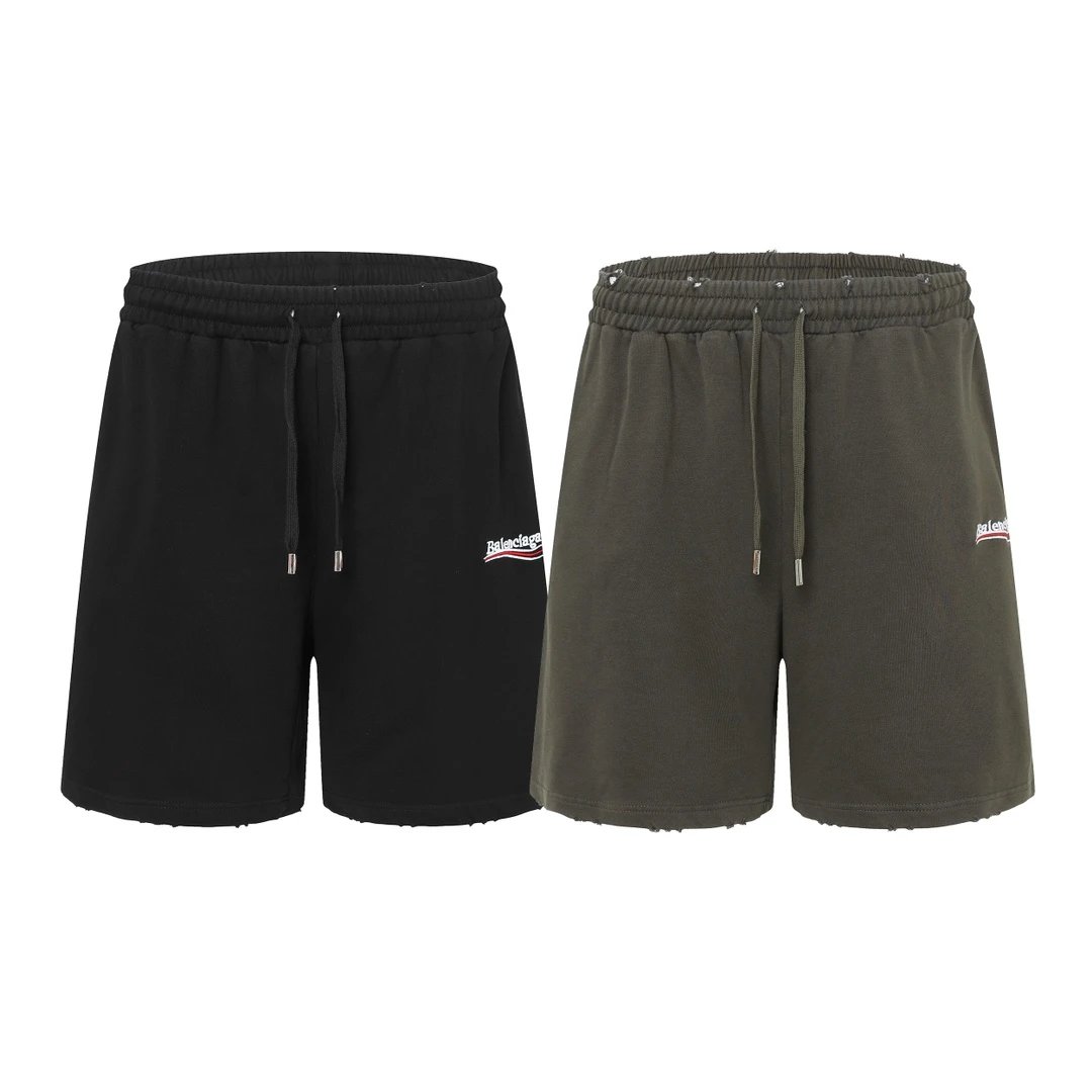 Balenciaga Shorts Classic Style Cola Graffiti Embroidered Washed Salted Distressed Shorts Five-Point Pants25ss New Heavy Drawstring American Style Casual Summer Pants5Two-in-One Casual Sweatpants for Men and Women