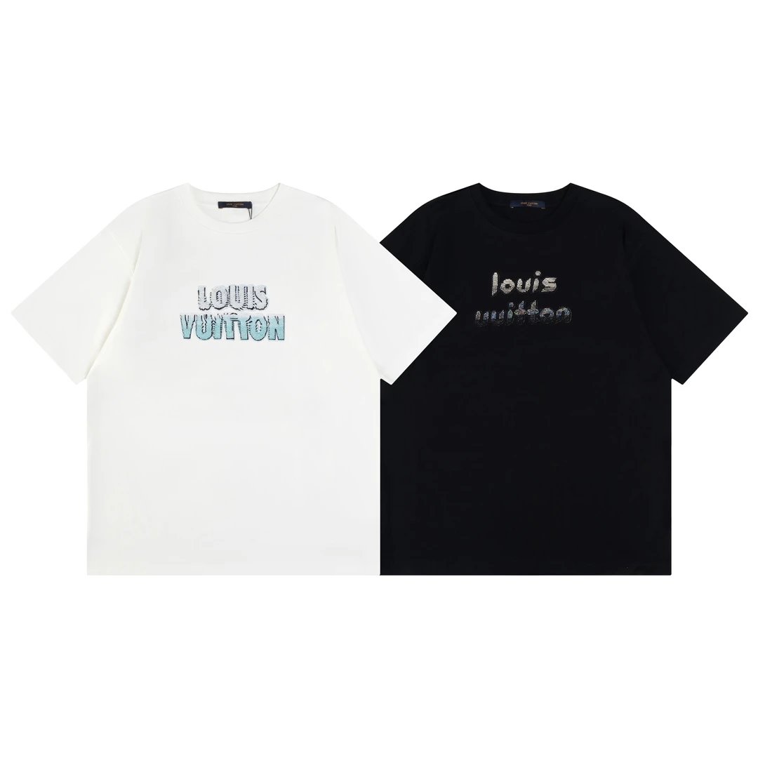 Louis Vuitton LV T-shirt Chest Beaded Letter Embroidery logo round Neck Short Sleeve25ss New Pure Cotton Unisex Style T Casual T-Shirt Base Layer Shirt OS Loose Fit Half Sleeve Top Plus Size