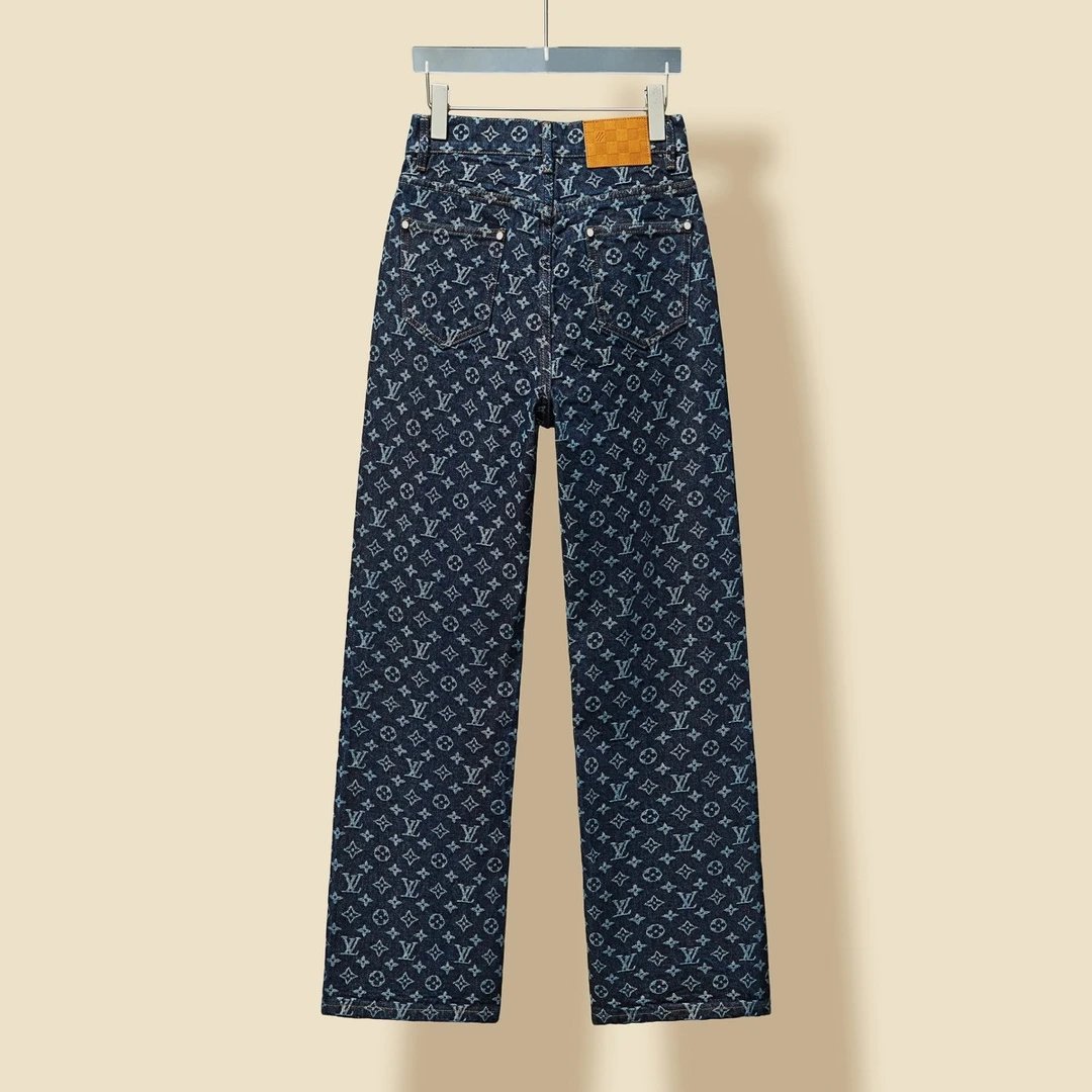 Louis Vuitton LV Jeans Full Print Monoqram Jacquard Pattern Heavy Pearl Button Straight Jeans Autumn Winter New Unisex Loose Casual Wide Leg High Waist Pants