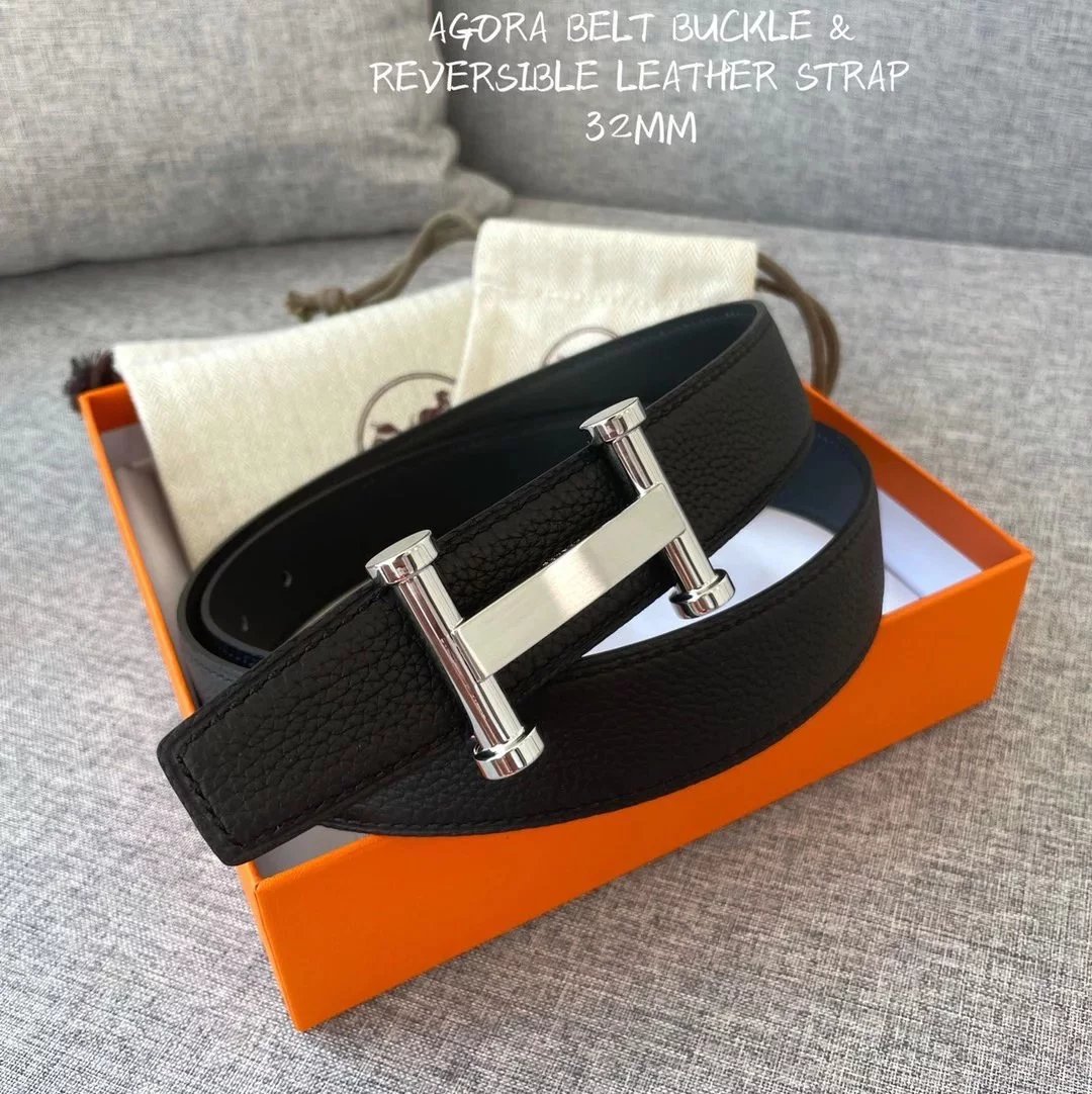 Hermes Belt Top version 【New products in stock】Genuine Leather Belt Business Casual Men and Women H Buckle Belt Double-Sided Available Pant Belt32mm