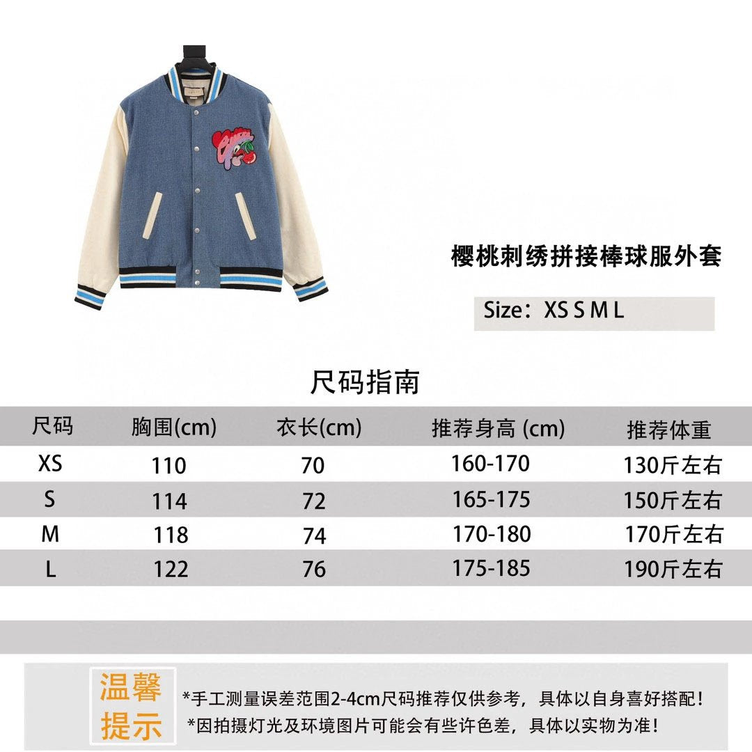 Gucci Jackets Cherry Embroidery Denim Stitching Baseball Jacket for Men and Women