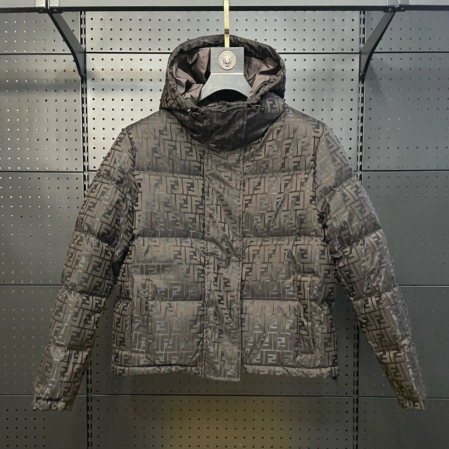 FENDI Down jacket Top Version New Dark Pattern Presbyopic Letters logo Hooded down Jacket Men's Casual Warm Jacket Women