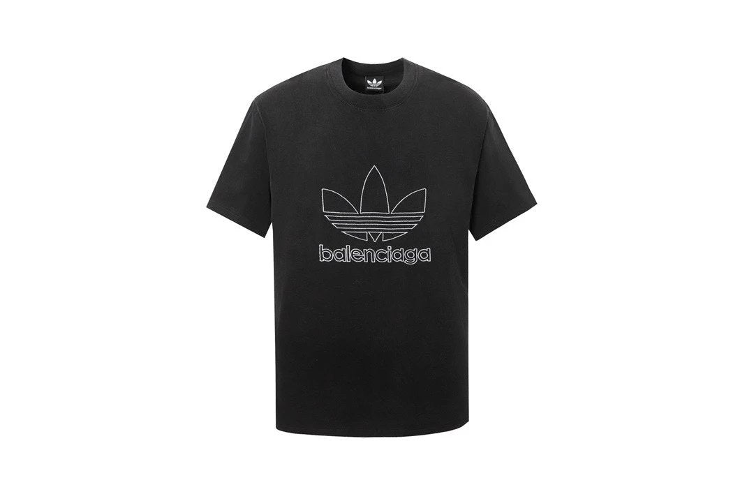 Balenciaga T-shirt Collaboration Edition Washed Black Crew Neck Short Sleeve T Letter Embroidery T-Shirt Unisex os Loose Fit T-Shirt