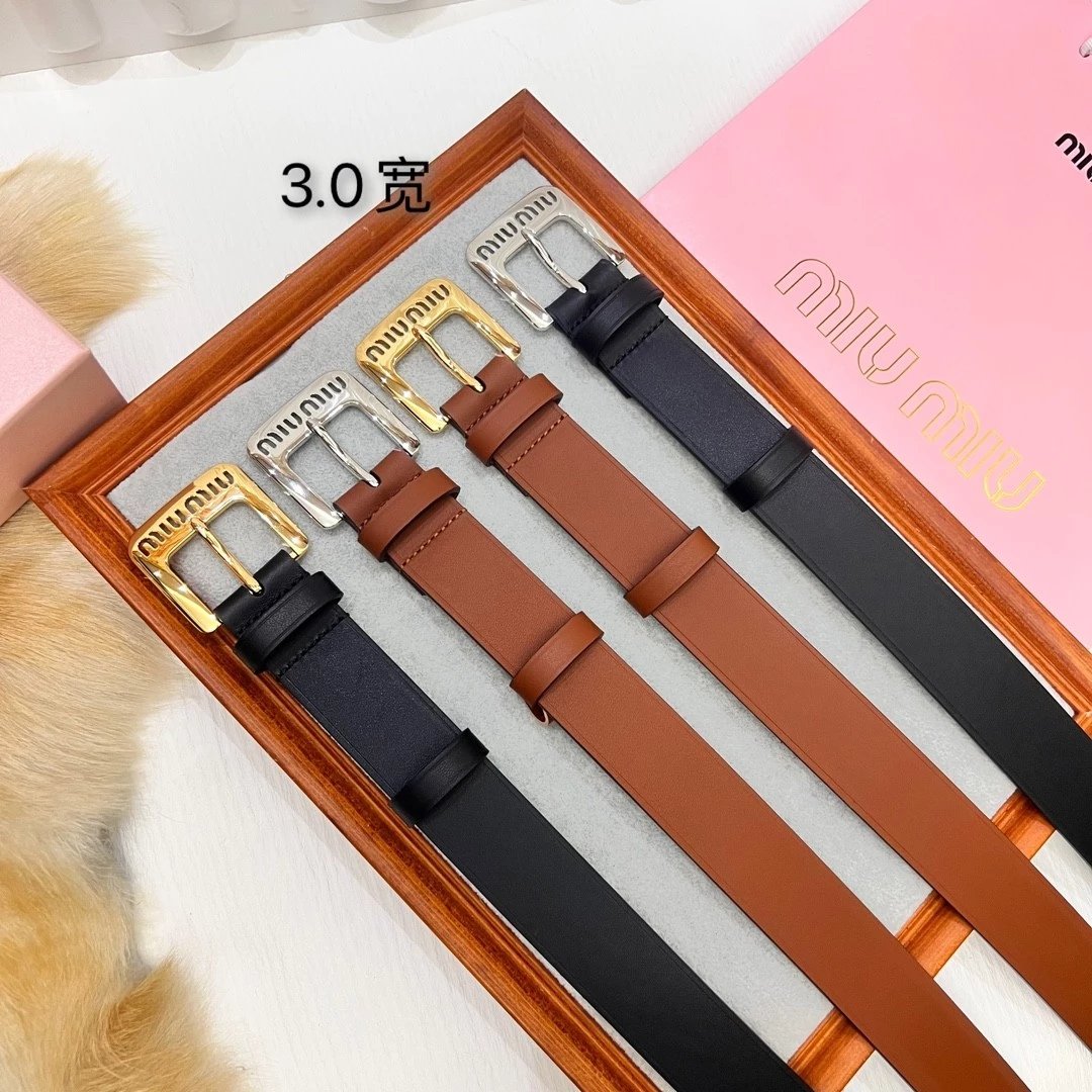 Miu Miu Belt Top version Counter Quality New Women's Belt Minimalist Style Belt CityCalf Calfskin Material.Metal Square Pin Buckle.Fashionable Versatile Width3.0Belt Women's Belt Women