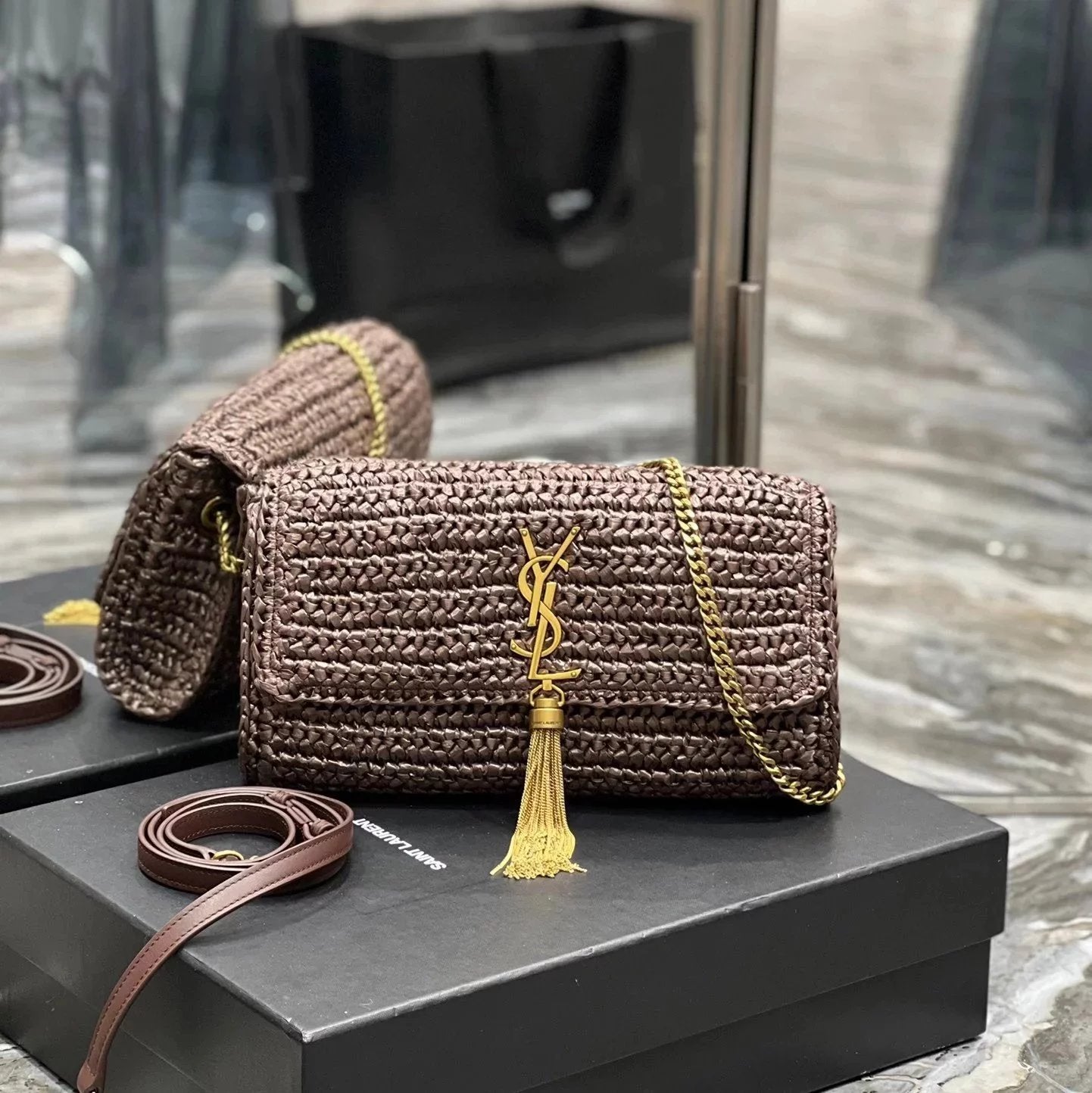 YSL Women's Bag Top version 【New Shelves】New Raffia Woven Bag kate Tassel Bag Underarm Bag Crossbody Shoulder Bag Clutch Latest Woven Bag604276