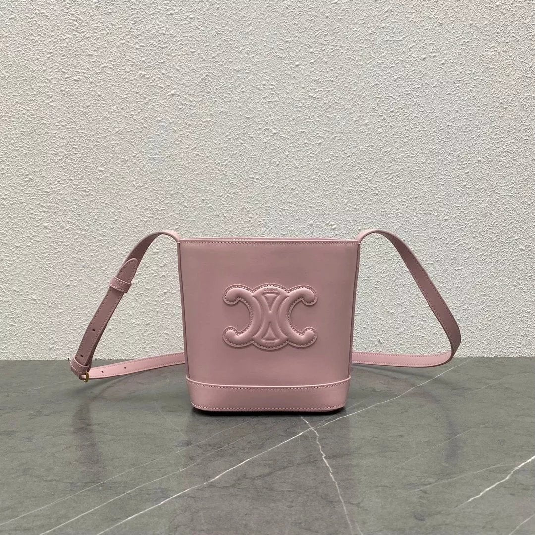 Celine women's bag Top version 【Surrogate Shopping Edition】2023Early Spring New Bucket Bag New Color Cherry Blossom Powder bucketTriomphe Arc De Triomphe Mini Presbyopic Bucket Bag Cuir Bucket Bag Embroidered Presbyopic Cross Body Bucket Bag Small Size198